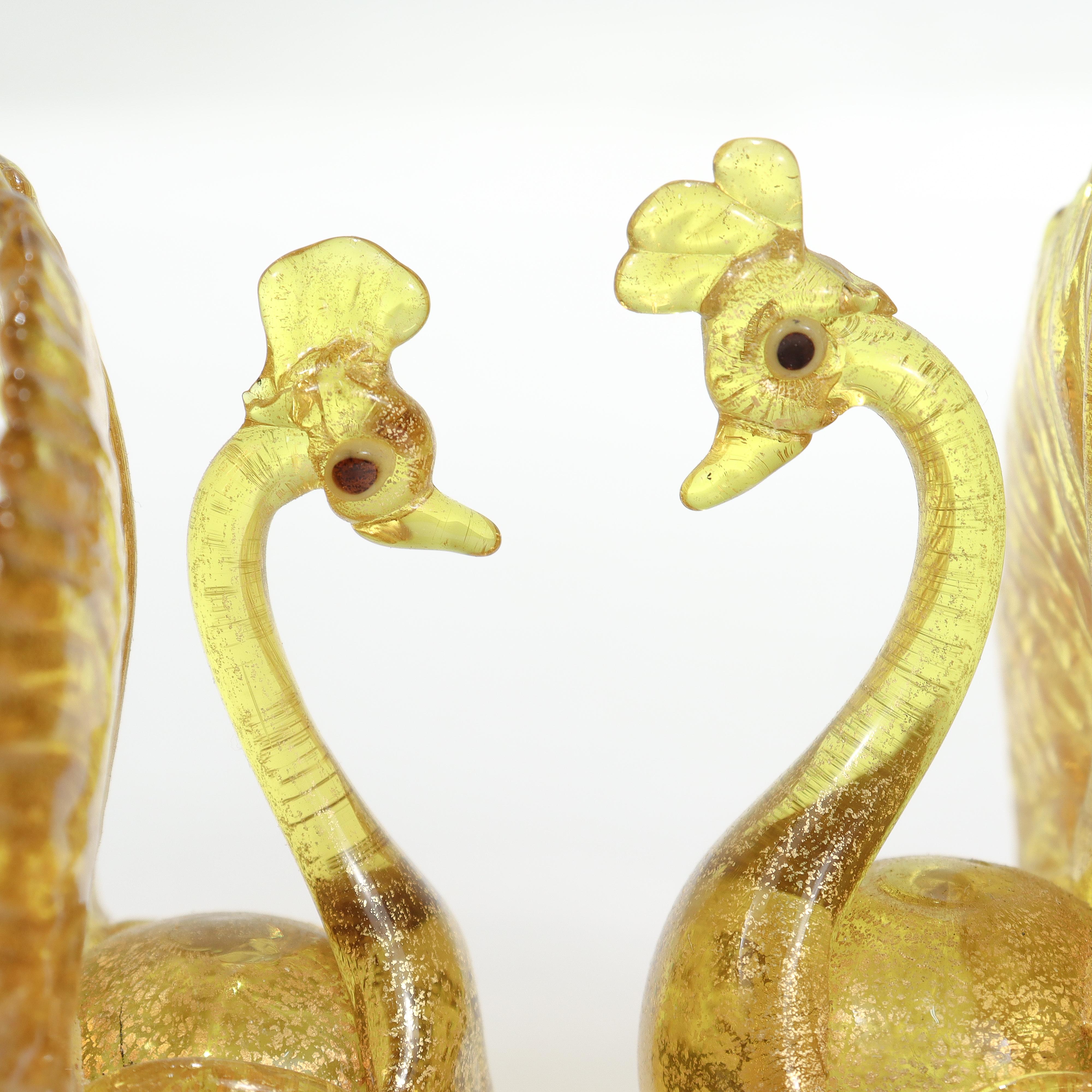 Mid-Century Modern Pair Salviati Attributed Venetian/Murano Glass Peacock Place Card Holder Figures For Sale