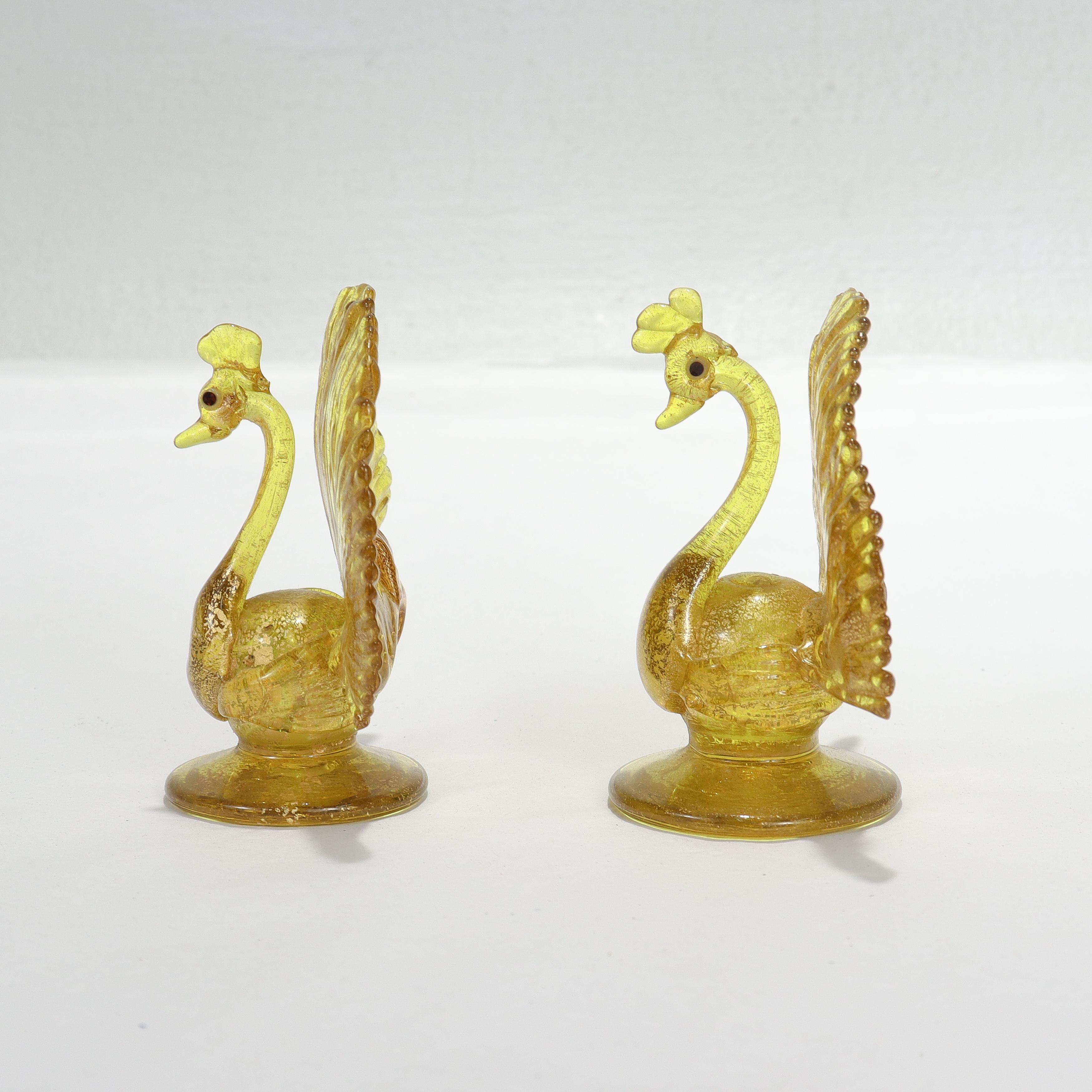 20th Century Pair Salviati Attributed Venetian/Murano Glass Peacock Place Card Holder Figures For Sale