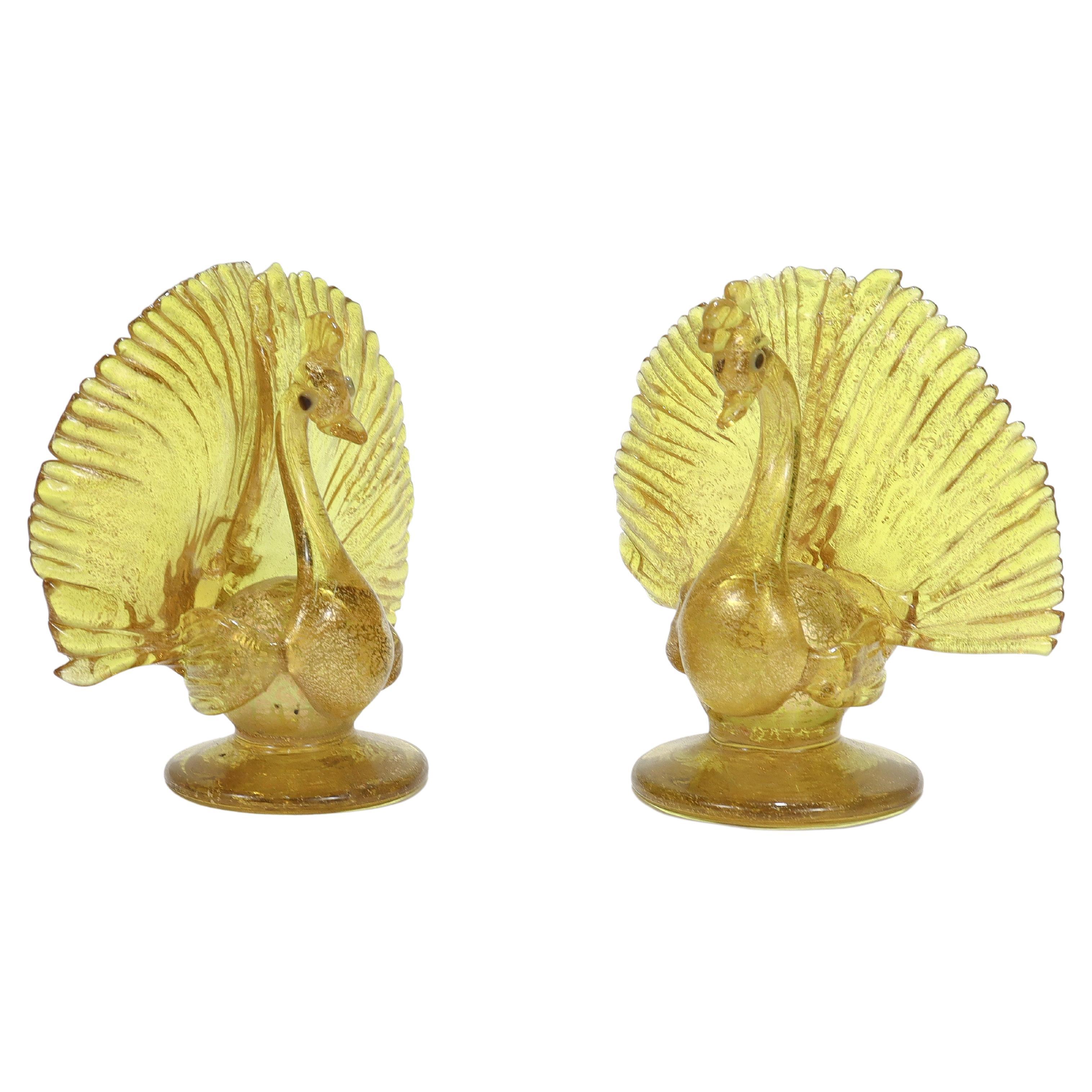 Pair Salviati Attributed Venetian/Murano Glass Peacock Place Card Holder Figures For Sale