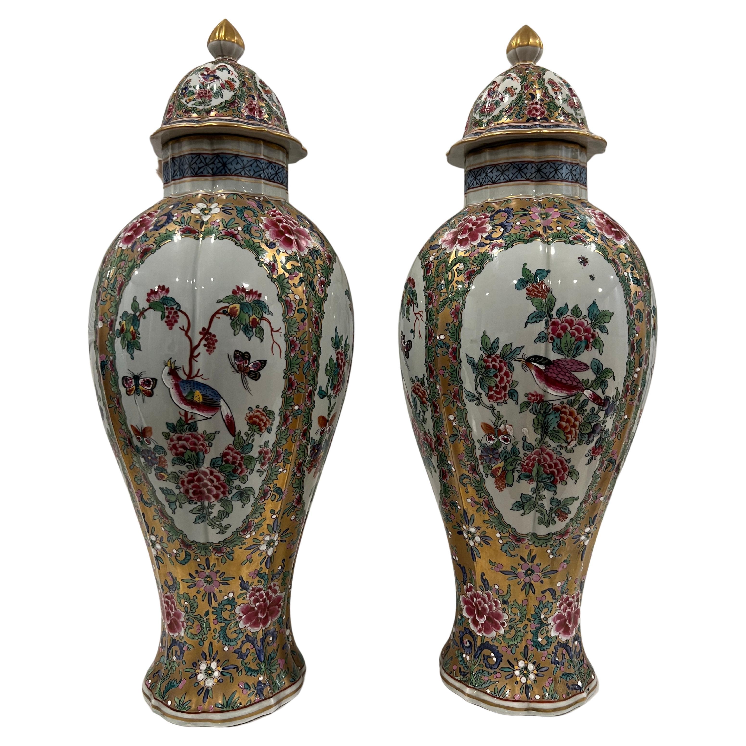 Pair, Sampson French Porcelain Famille Rose Medallion Pallet Porcelain Urns For Sale