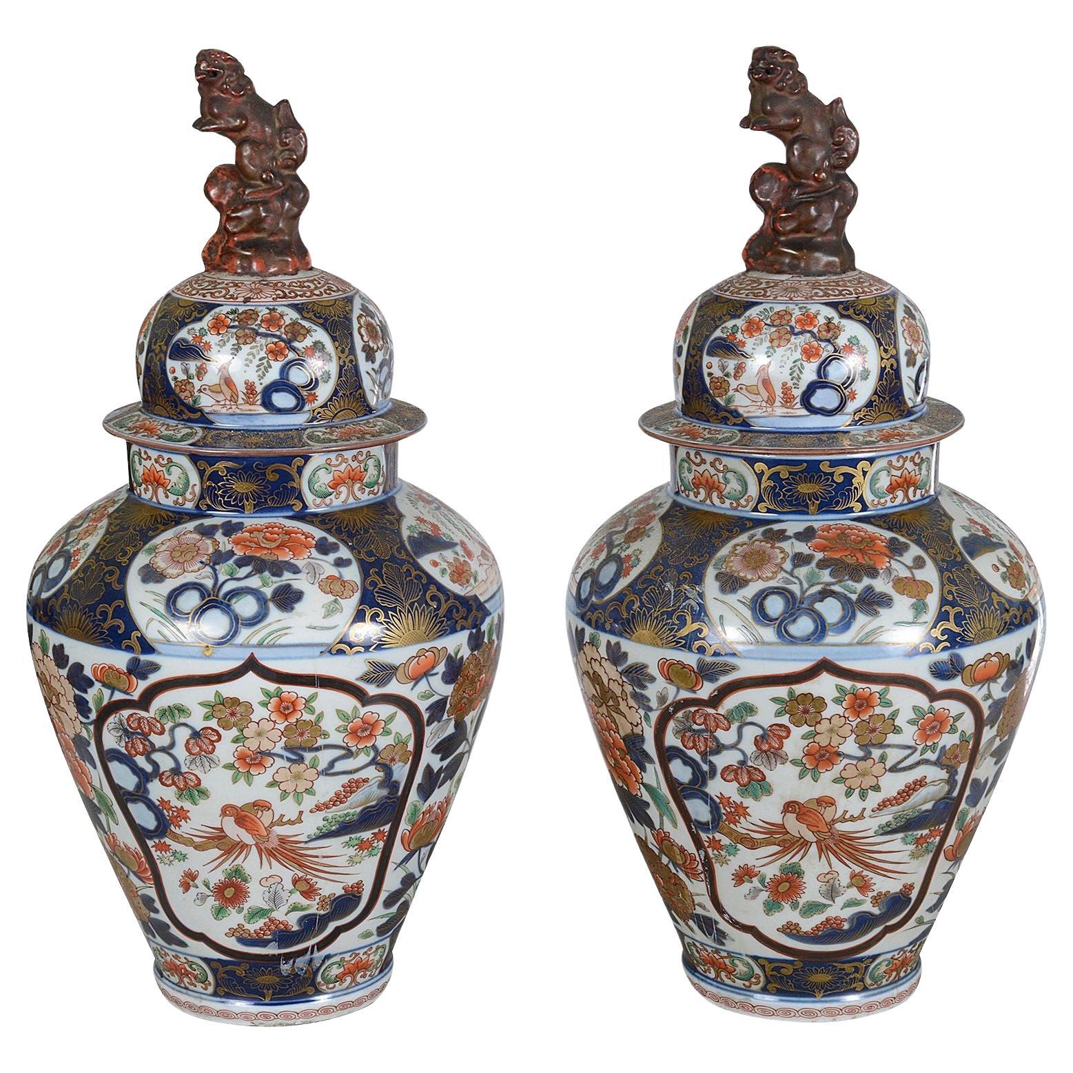 Pair Samson C18th Century Japanese Imari style lidded vases