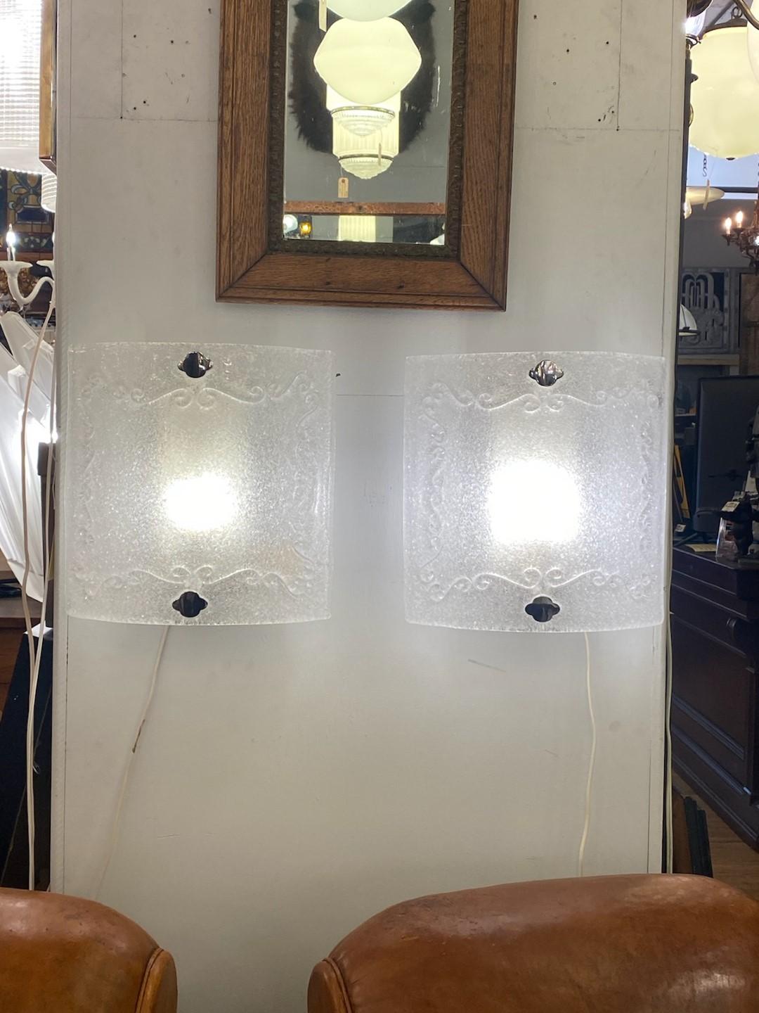 Pair Sandcast Frosted Curved Murano Glass Wall Sconces For Sale 6