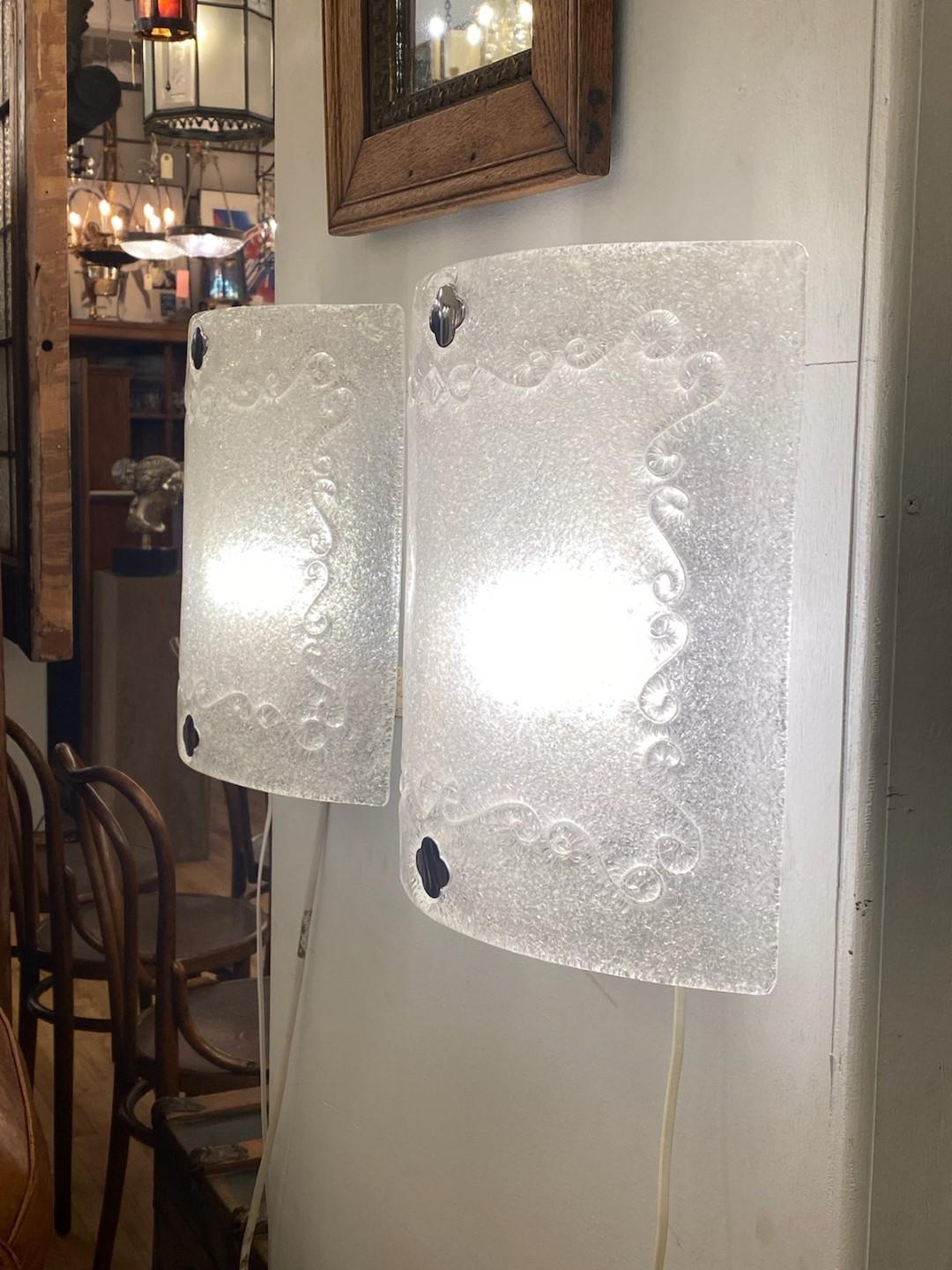 Pair Sandcast Frosted Curved Murano Glass Wall Sconces For Sale 7