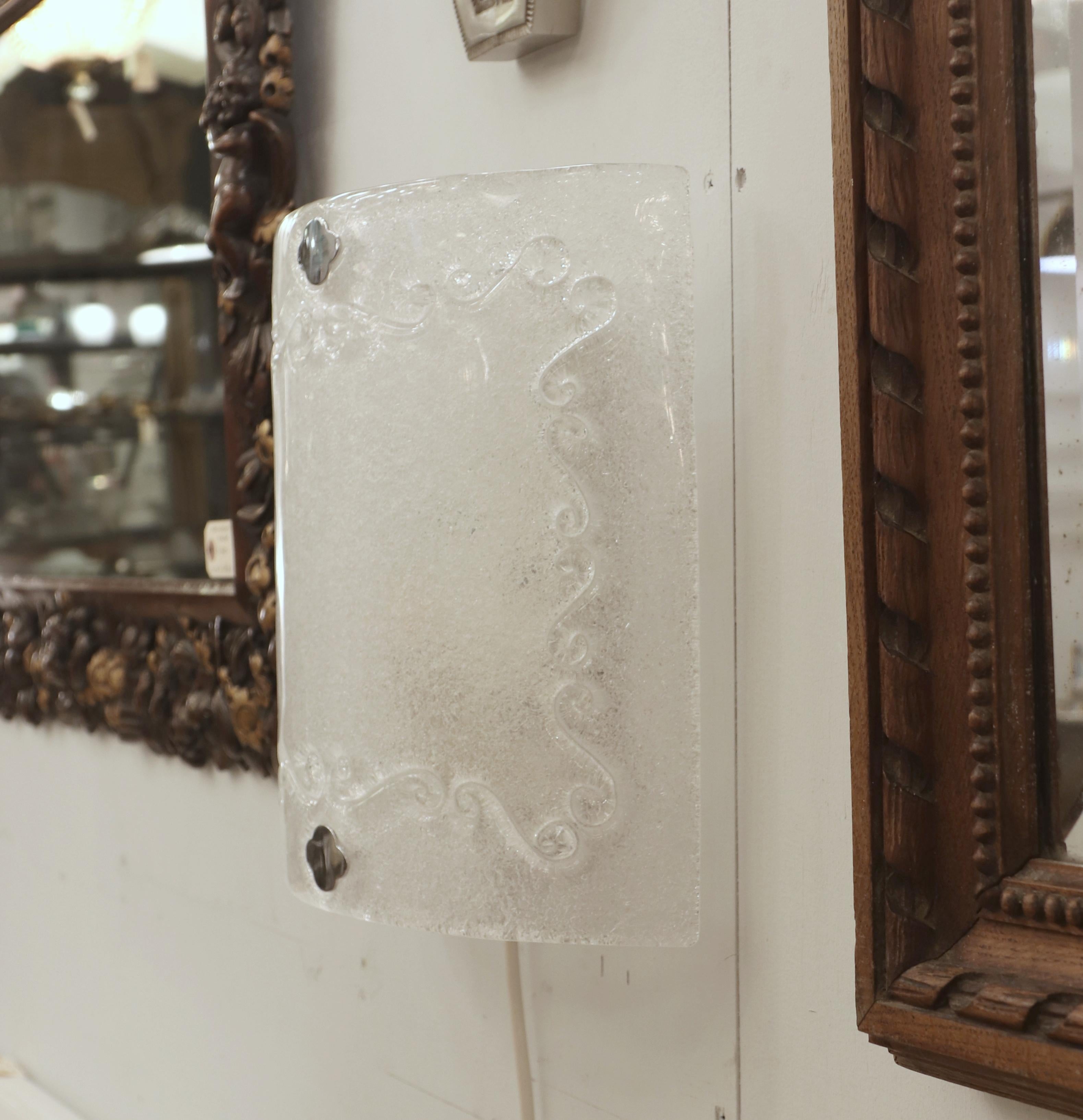 Late 20th Century Pair Sandcast Frosted Curved Murano Glass Wall Sconces For Sale