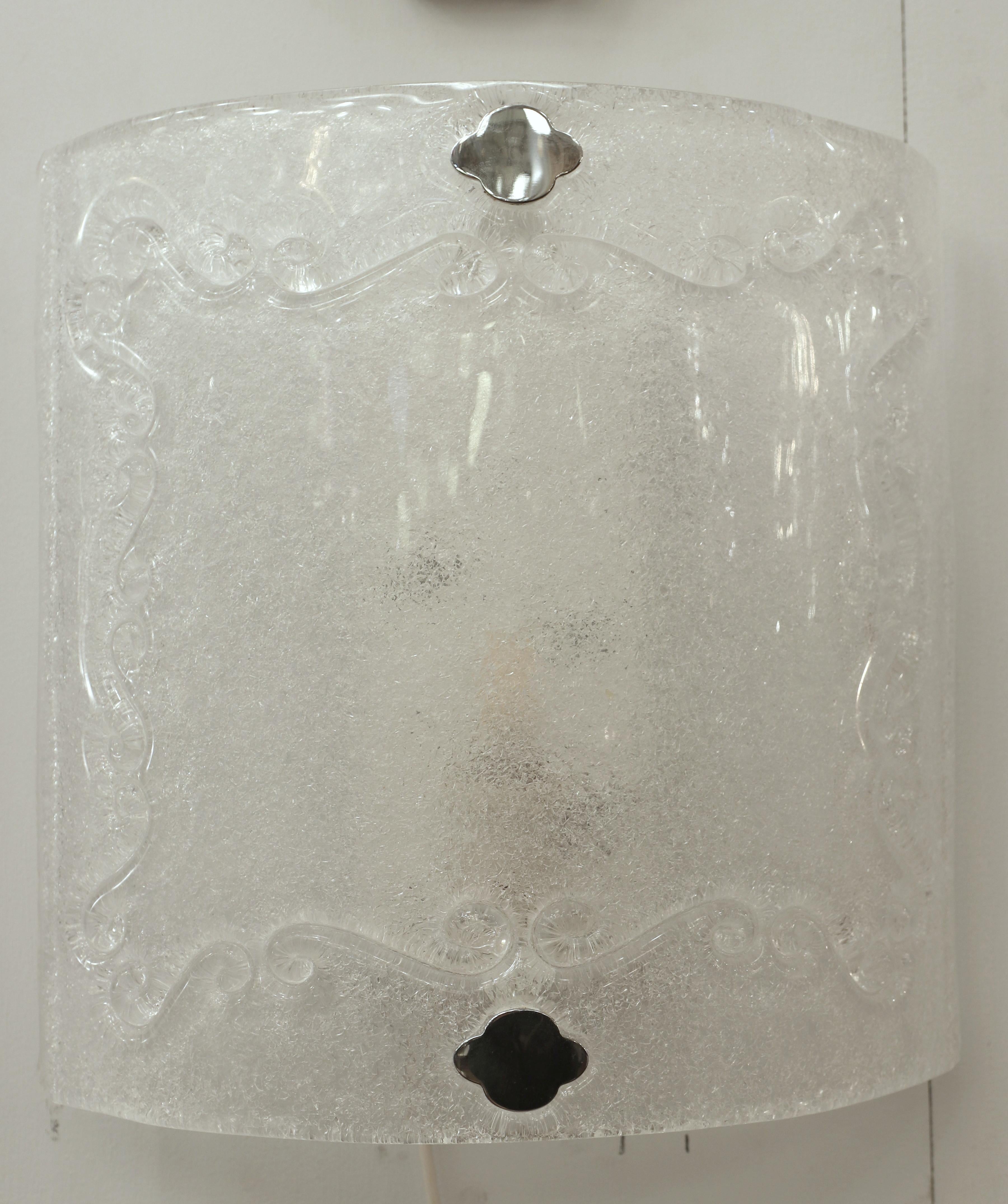 Pair Sandcast Frosted Curved Murano Glass Wall Sconces For Sale 1