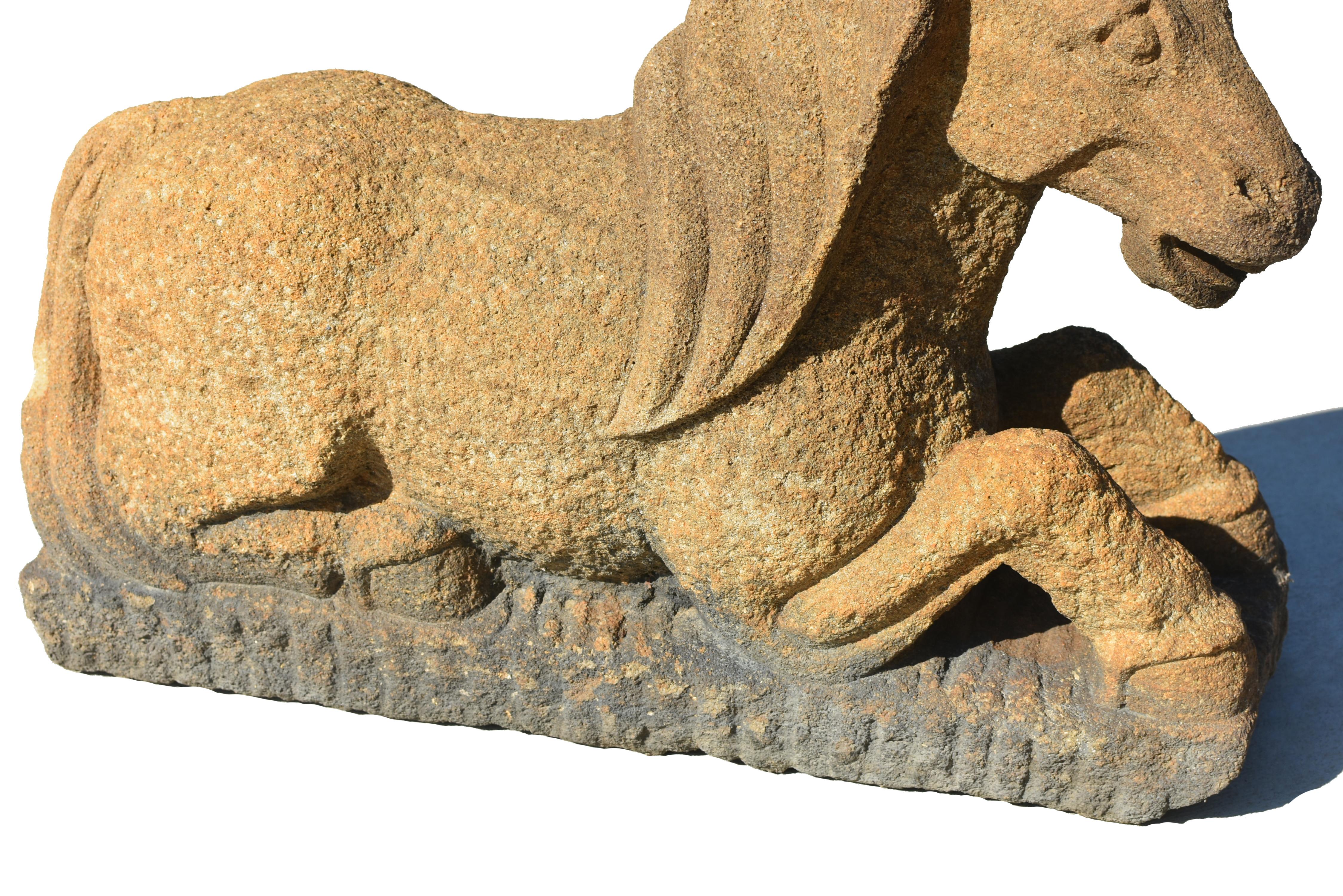 Pair Sandstone Horses Large Garden Animal Statue In Good Condition For Sale In Somis, CA