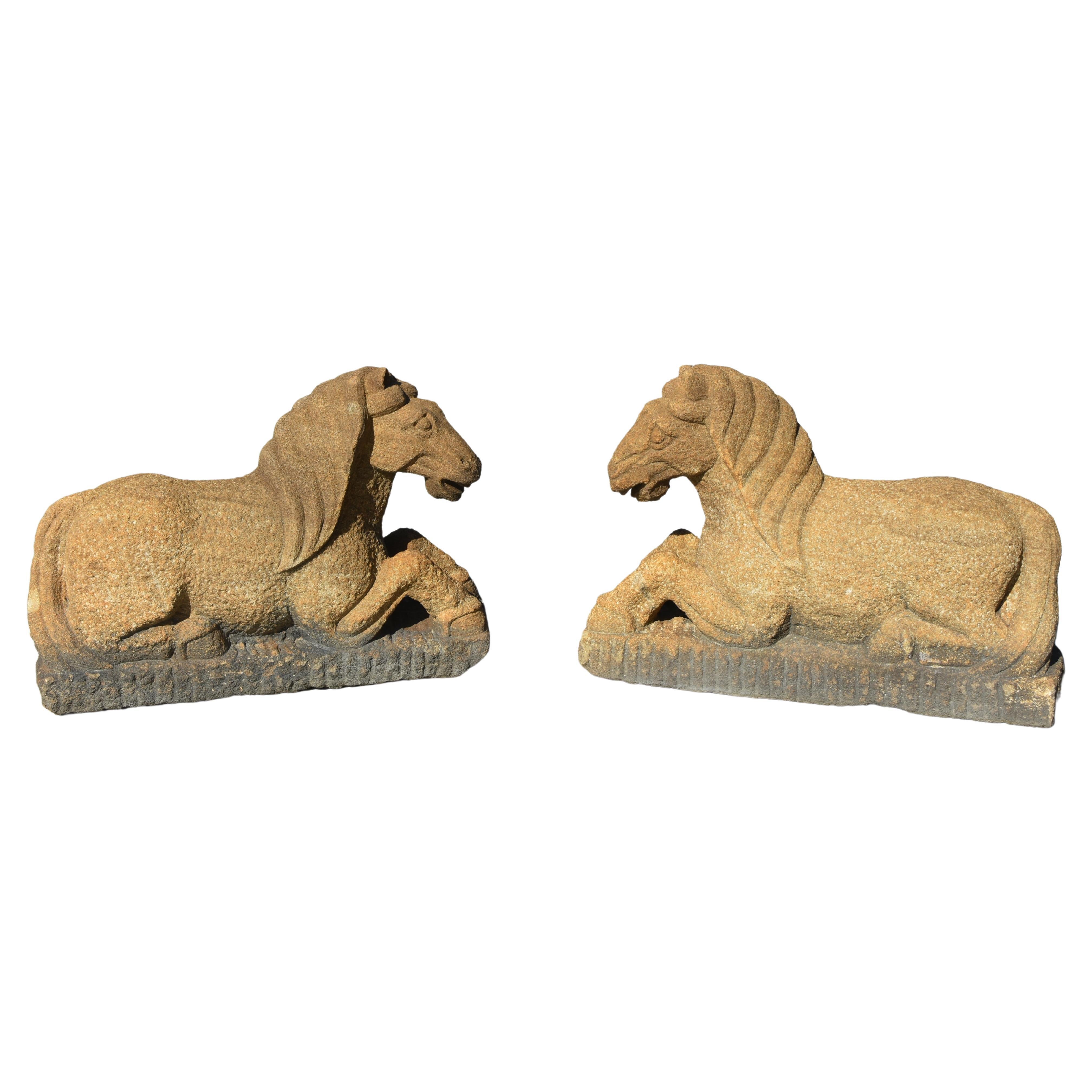 Pair Sandstone Horses Large Garden Animal Statue