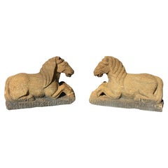 Pair Sandstone Horses Large Garden Animal Statue