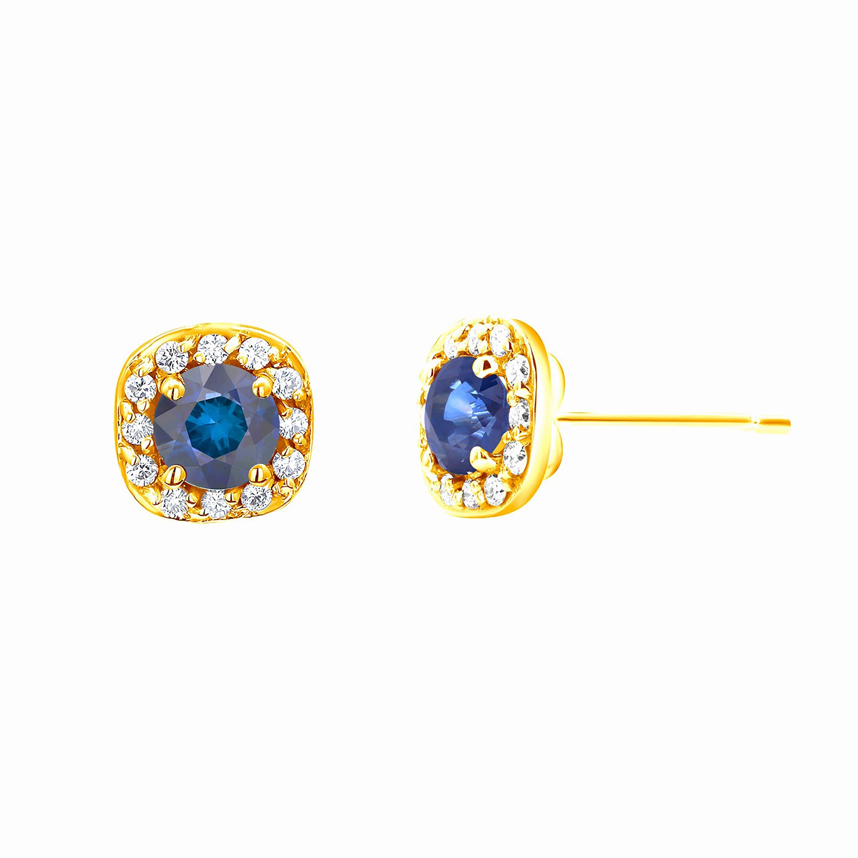 Paar quadratische Ohrstecker mit Saphiren und Diamanten aus Gelbgold im Zustand „Neu“ in New York, NY