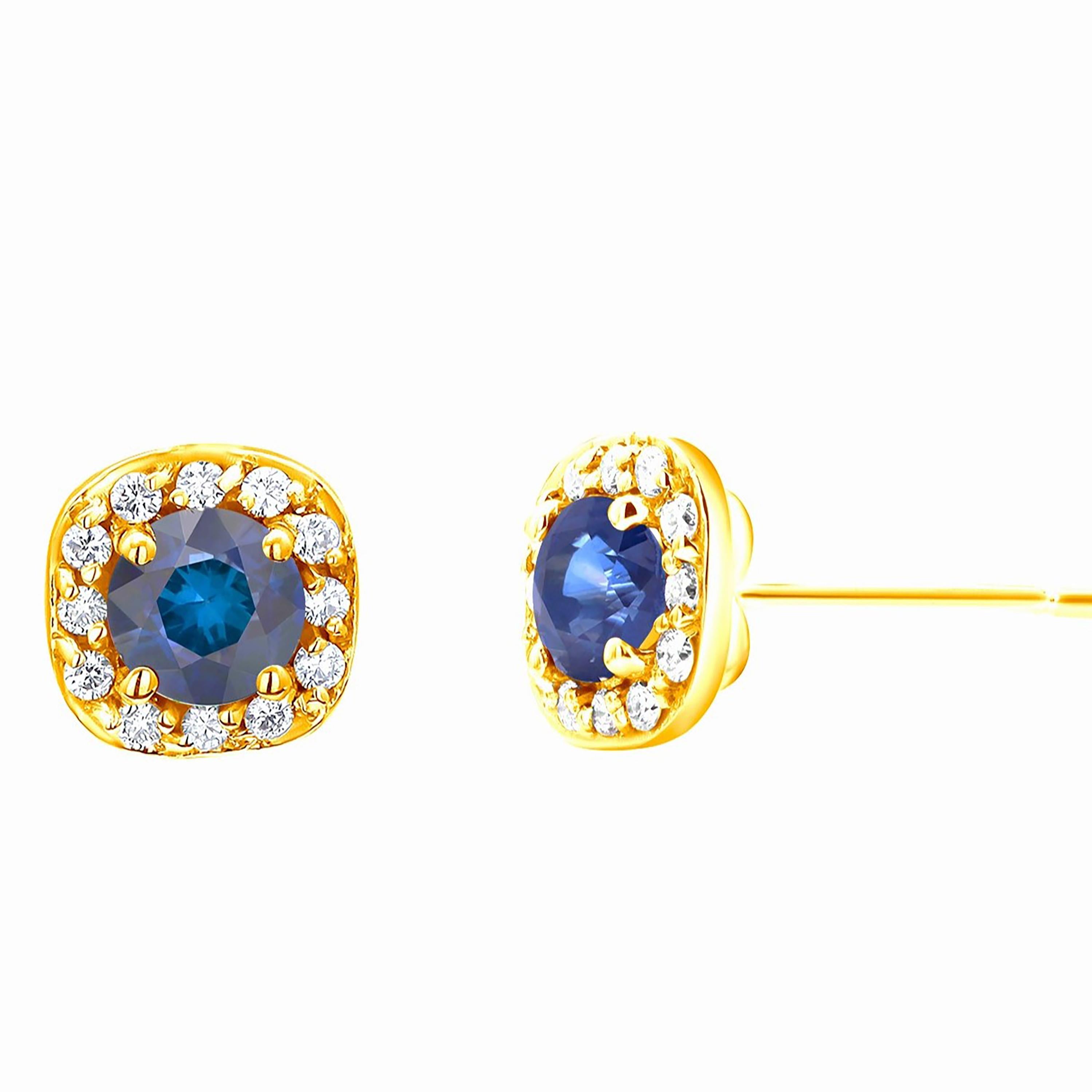 Paar quadratische Ohrstecker mit Saphiren und Diamanten aus Gelbgold 1