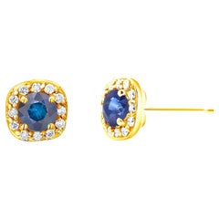 Pair Sapphire and Diamond Yellow Gold Square Shaped Stud Earrings
