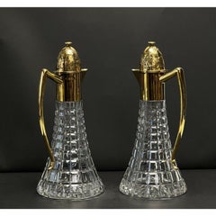 Pair Sarah Jones England Gilt Sterling Silver Mounted Cut Glass Ewers or Carafes