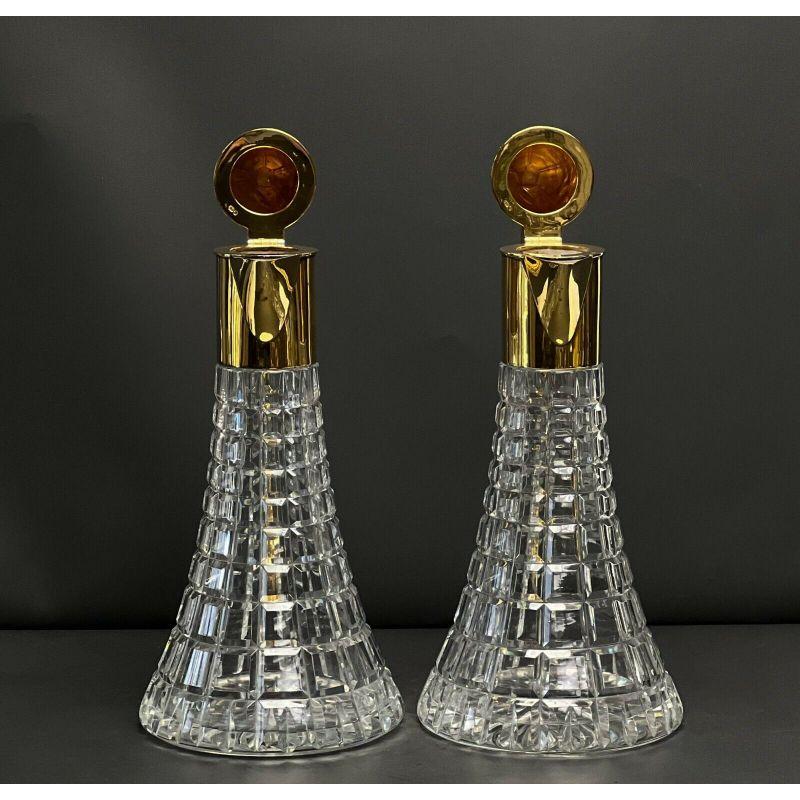 Engraved Pair Sarah Jones England Gilt Sterling Silver Mounted Cut Glass Ewers or Carafes For Sale