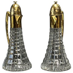 Pair Sarah Jones England Gilt Sterling Silver Mounted Cut Glass Ewers or Carafes