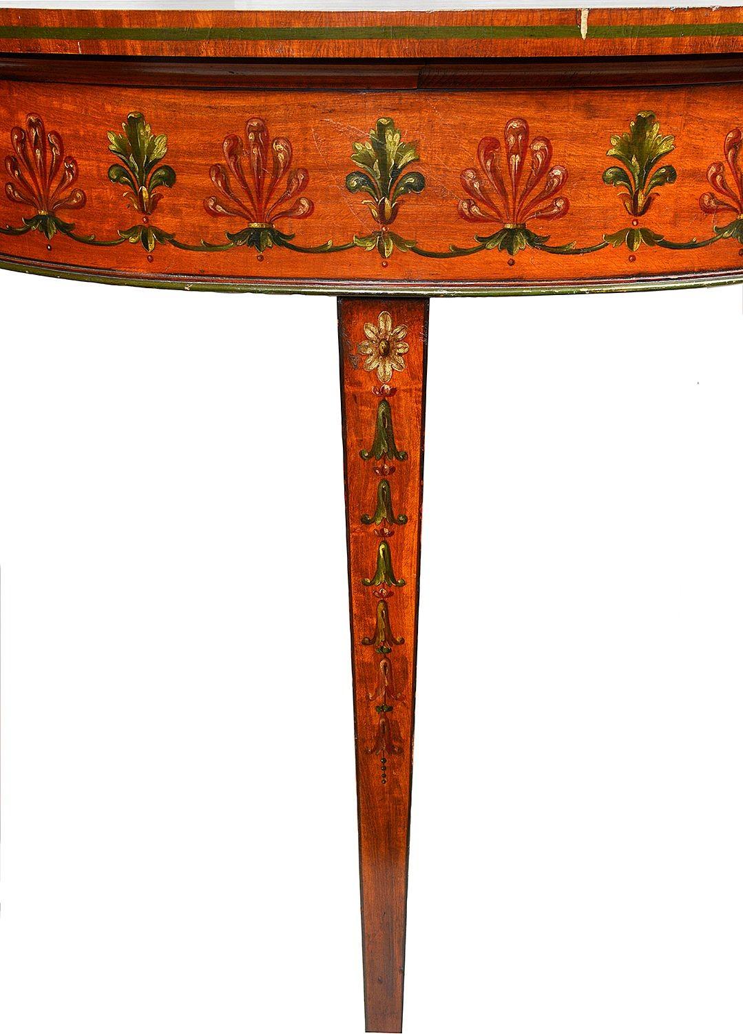 Hand-Painted Pair Satinwood Demi lune Console / side tables, circa 1900 For Sale