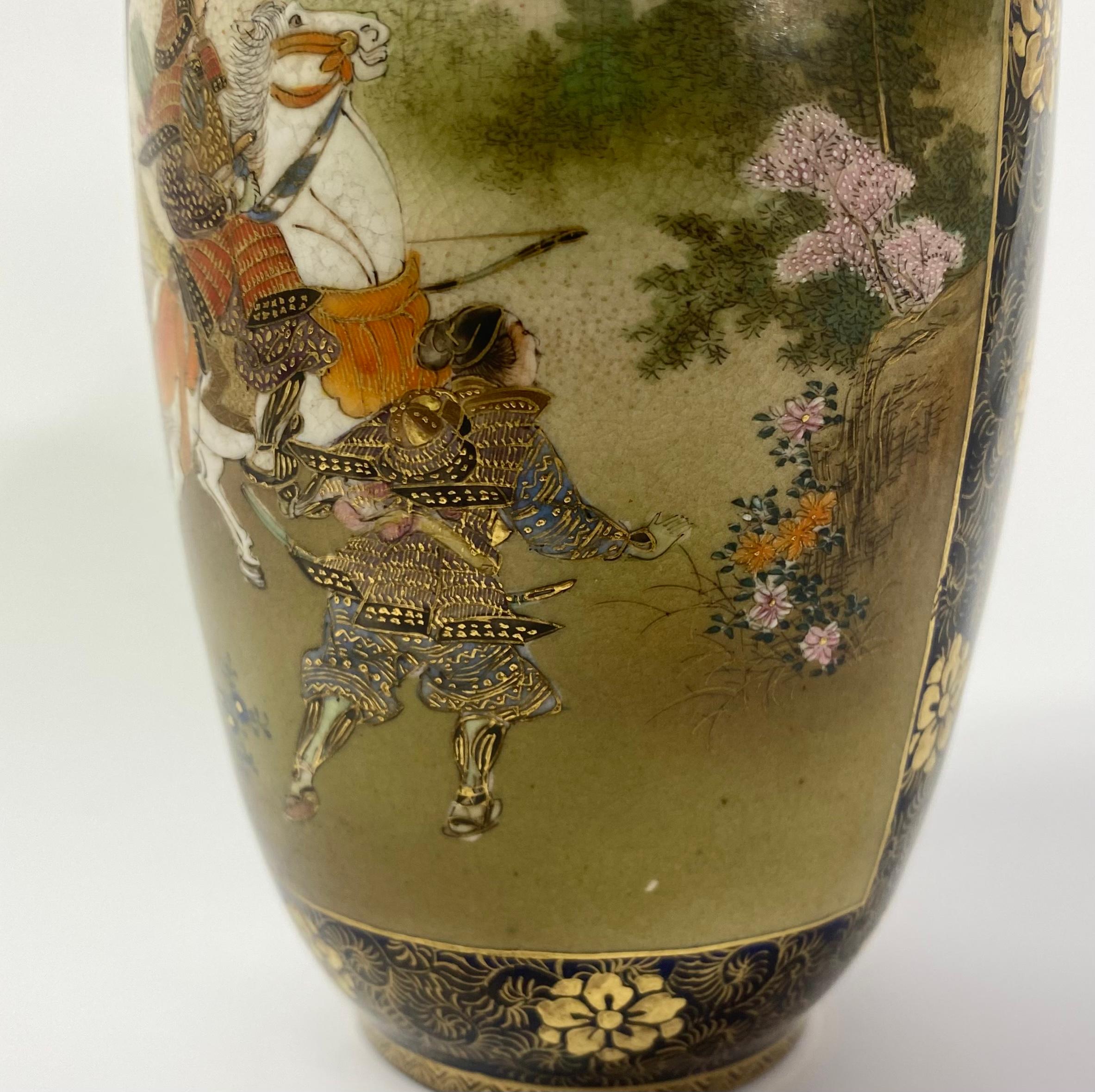 Pair Satsuma pottery vases. Samurai on horses. Kinkozan, Meiji Period. 4