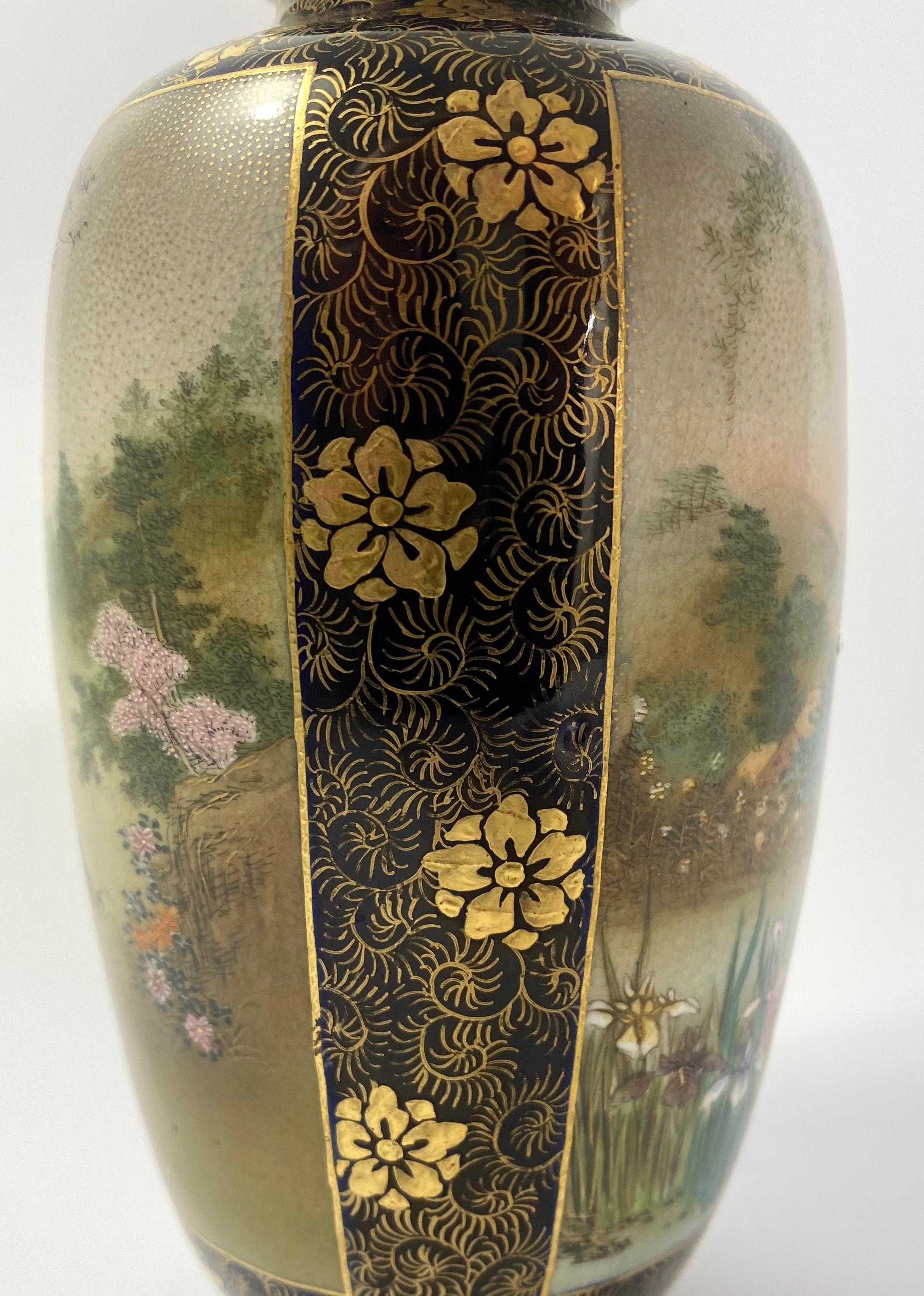 Pair Satsuma pottery vases. Samurai on horses. Kinkozan, Meiji Period. 5