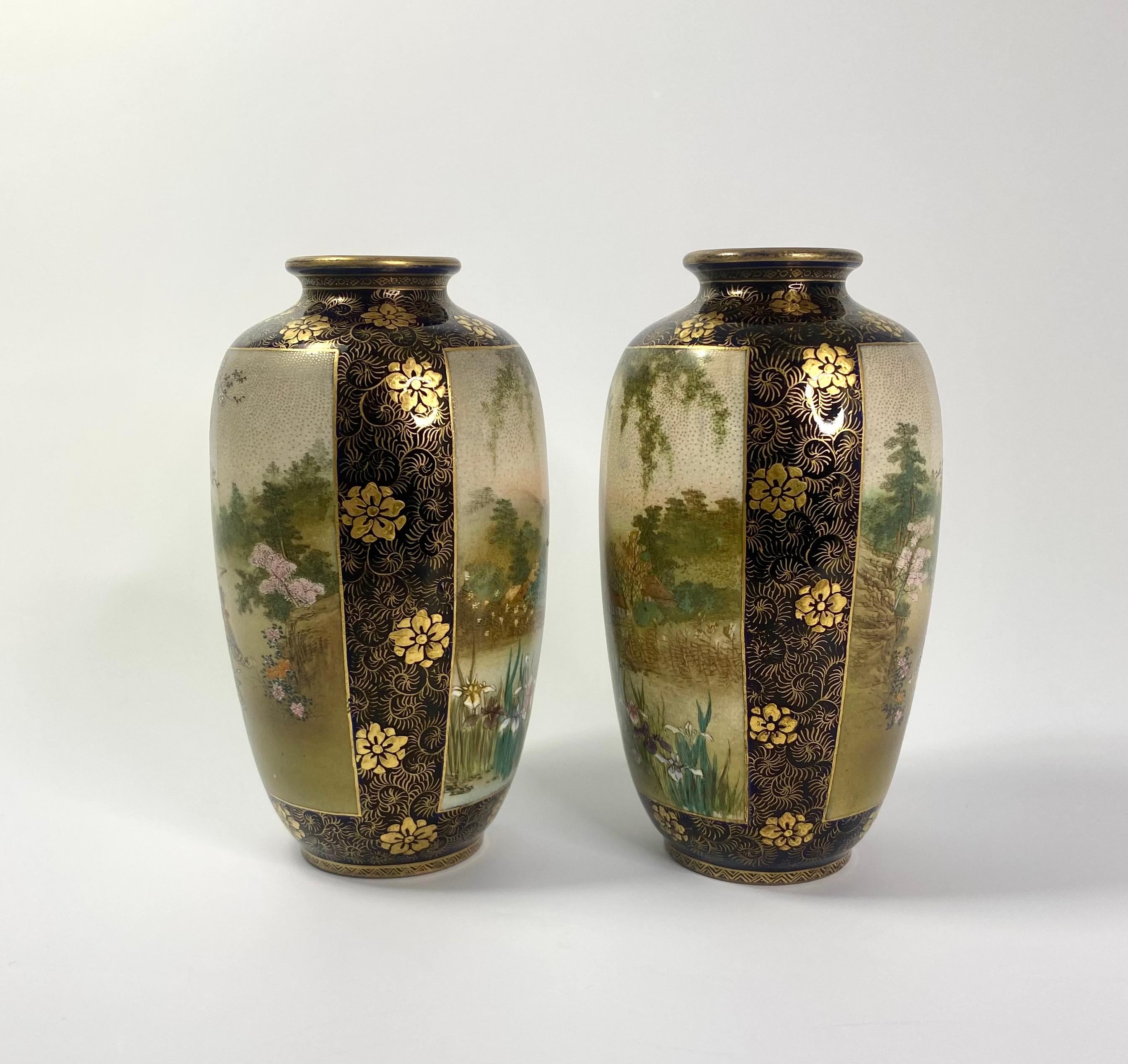 Pair of Satsuma pottery vases, Kinkozan, c. 1900. Meiji Period. Both vases, well painted with panels of Samurai riding horses, with attendants, beneath blossoming prunus trees. The reverse of the vases, painted with further panels of pavilions on a
