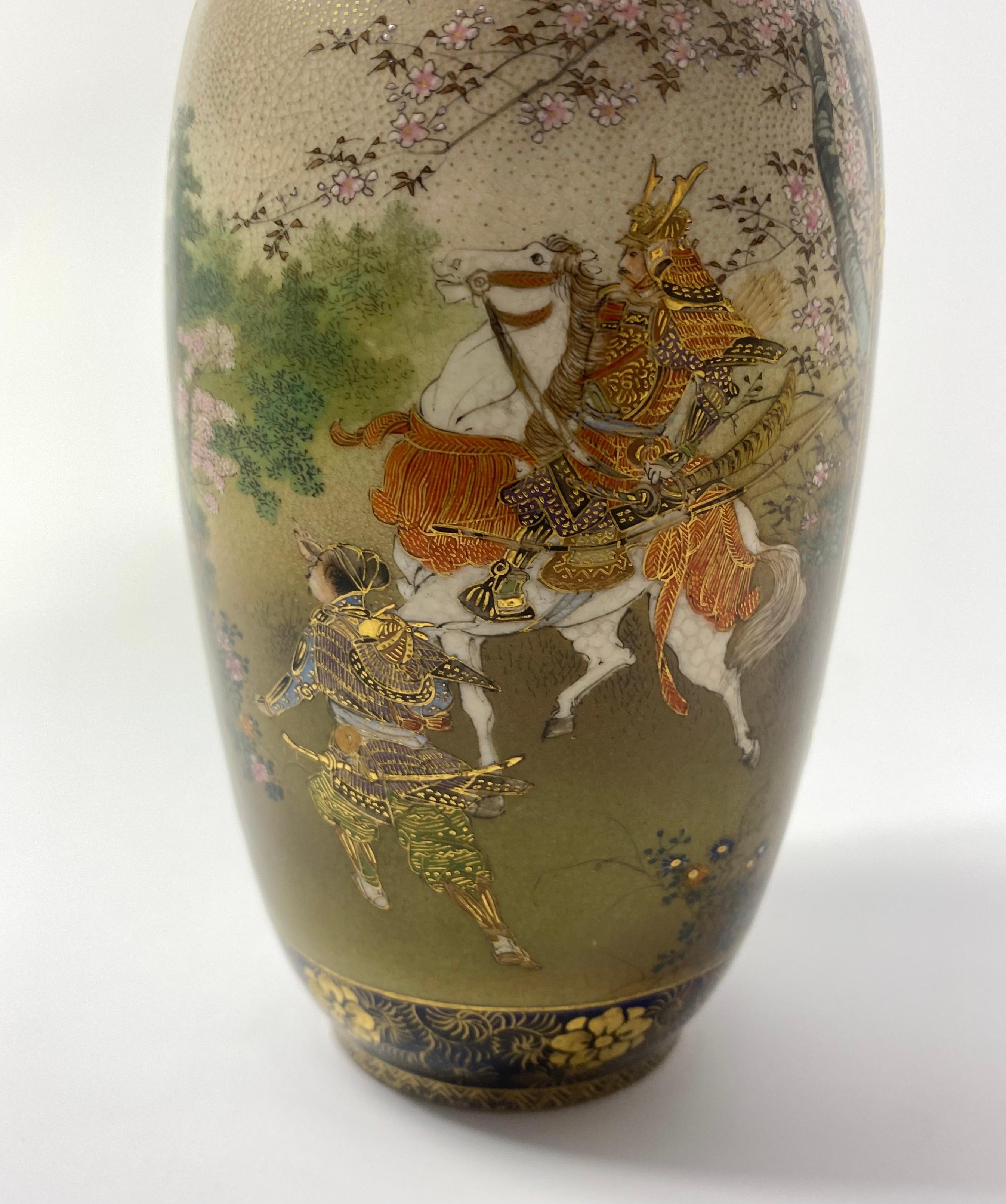 Fired Pair Satsuma pottery vases. Samurai on horses. Kinkozan, Meiji Period.
