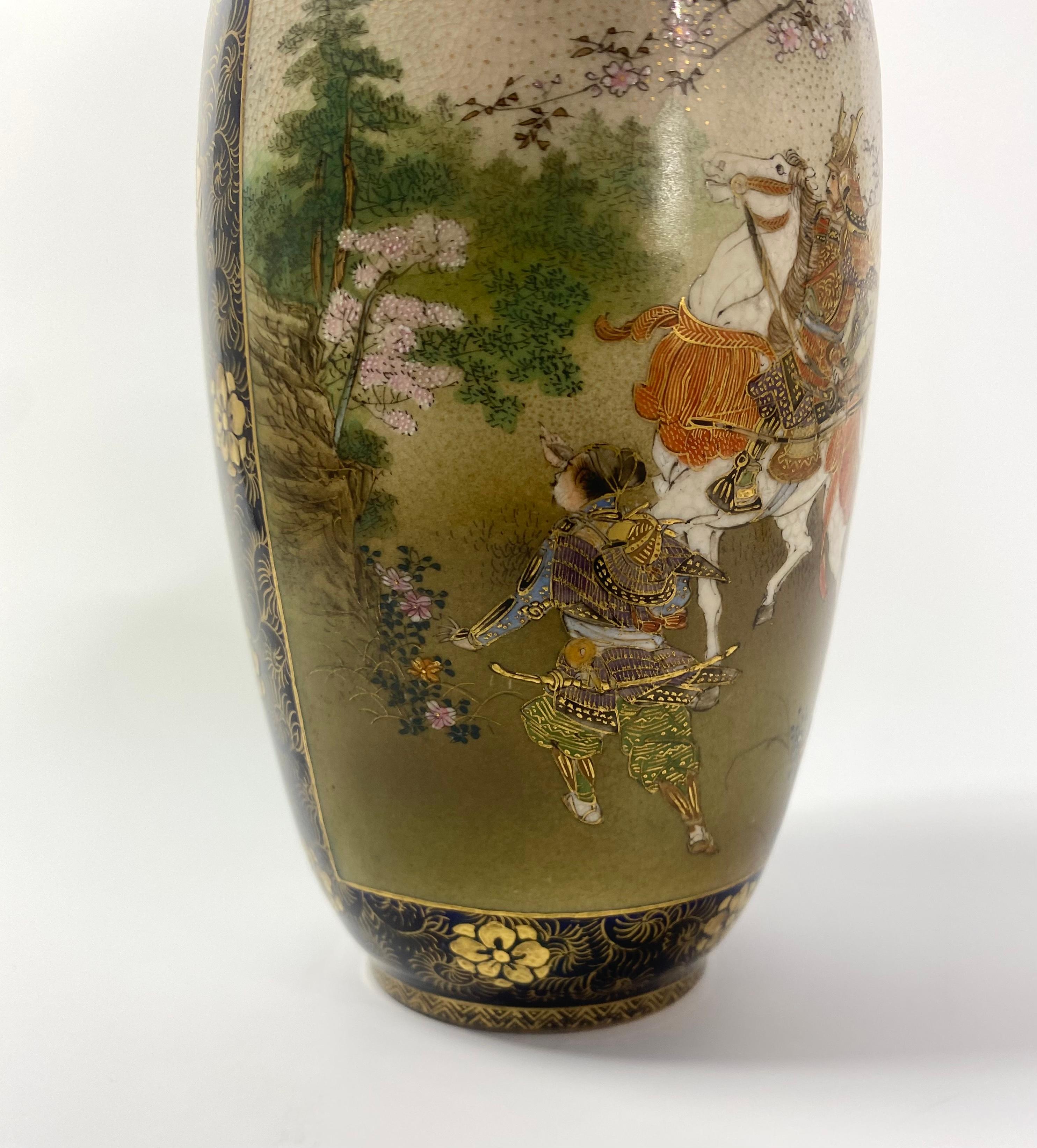 Pair Satsuma pottery vases. Samurai on horses. Kinkozan, Meiji Period. In Excellent Condition In Gargrave, North Yorkshire