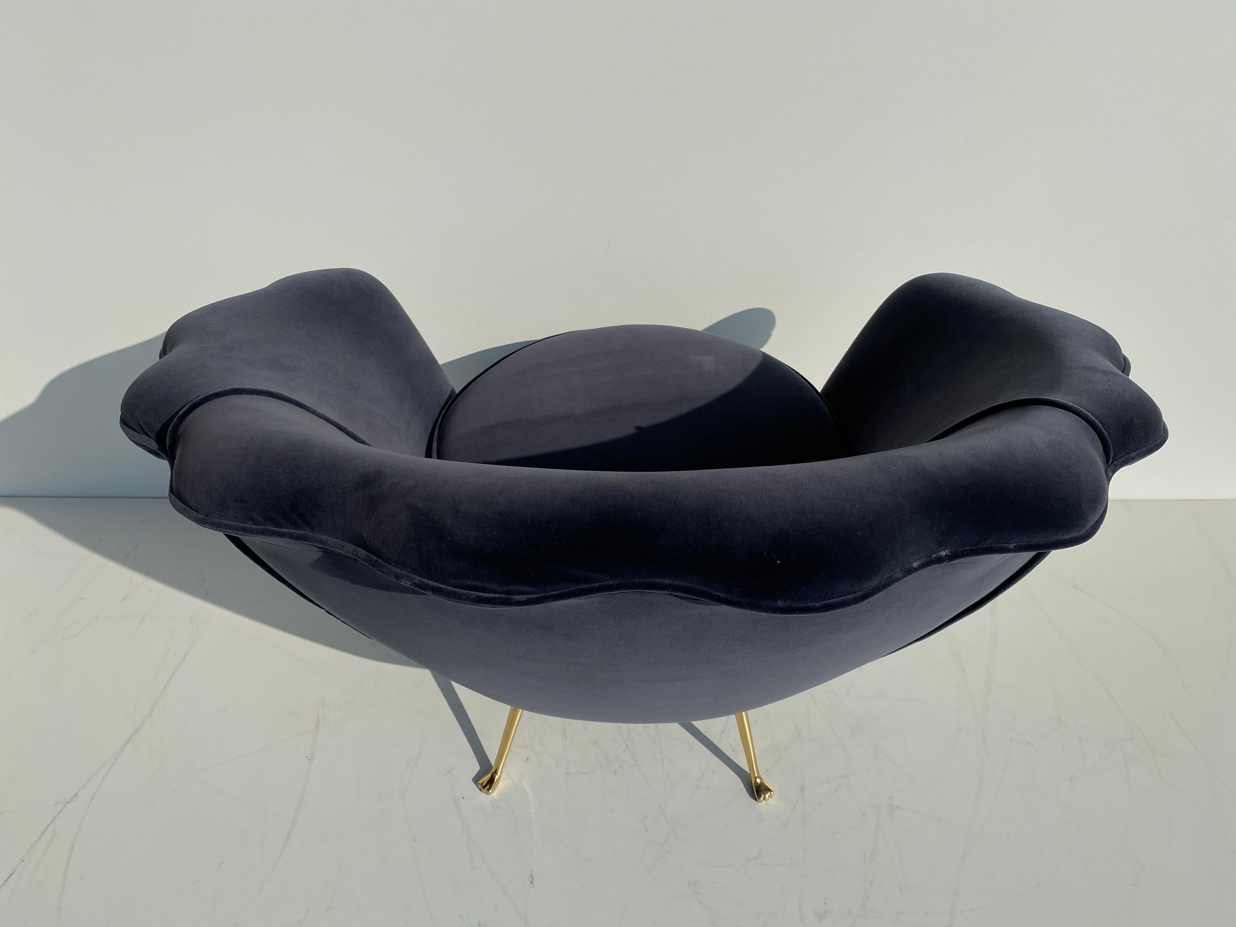 Pair of Scalloped Velvet Lounge Chairs with Brass Legs For Sale 1