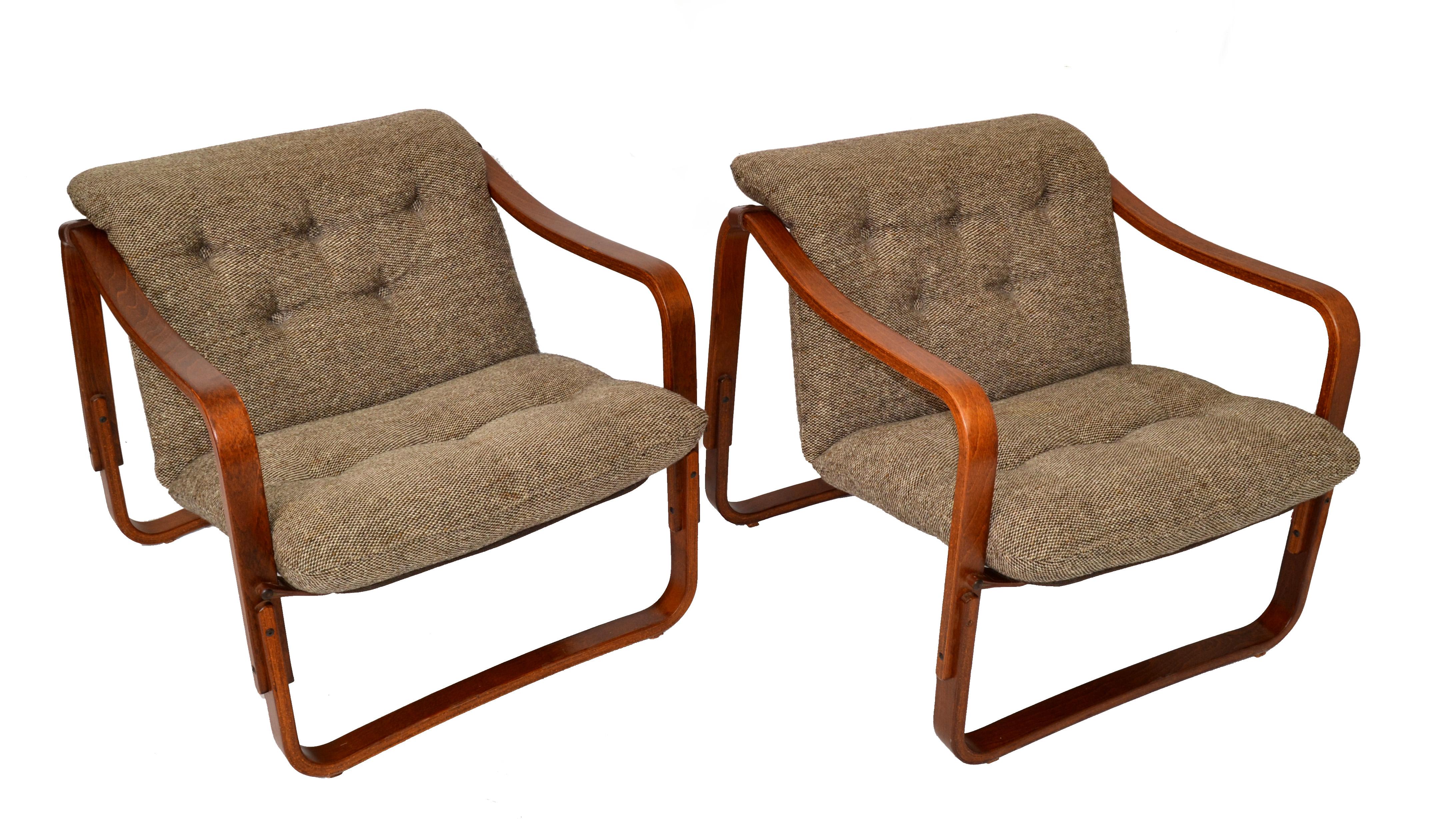 Pair Ingmar Relling Cantilever Bent Teak Lounge Chairs Leather Wool Seat Cushion 8