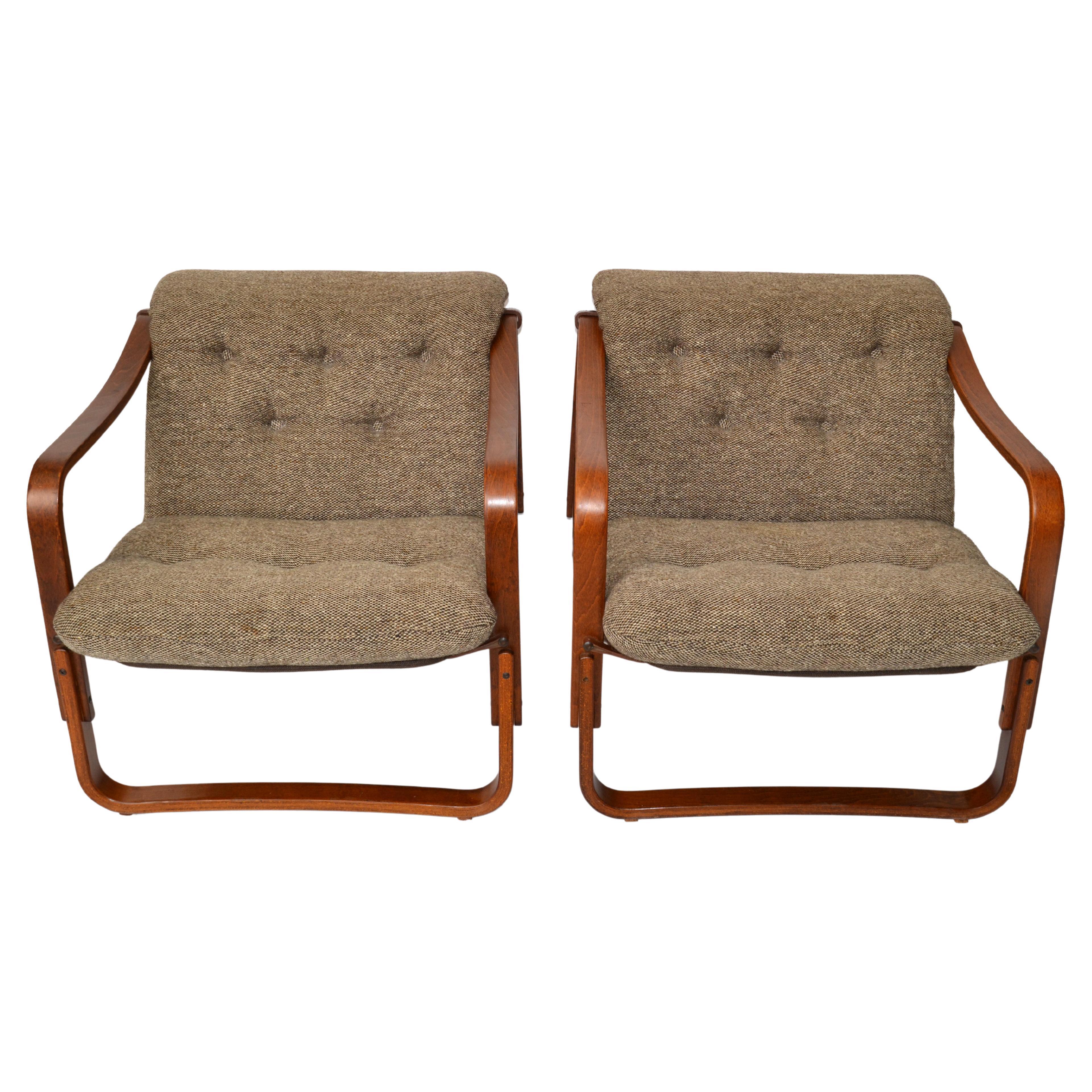 Scandinavian Modern Pair Ingmar Relling Cantilever Bent Teak Lounge Chairs Leather Wool Seat Cushion