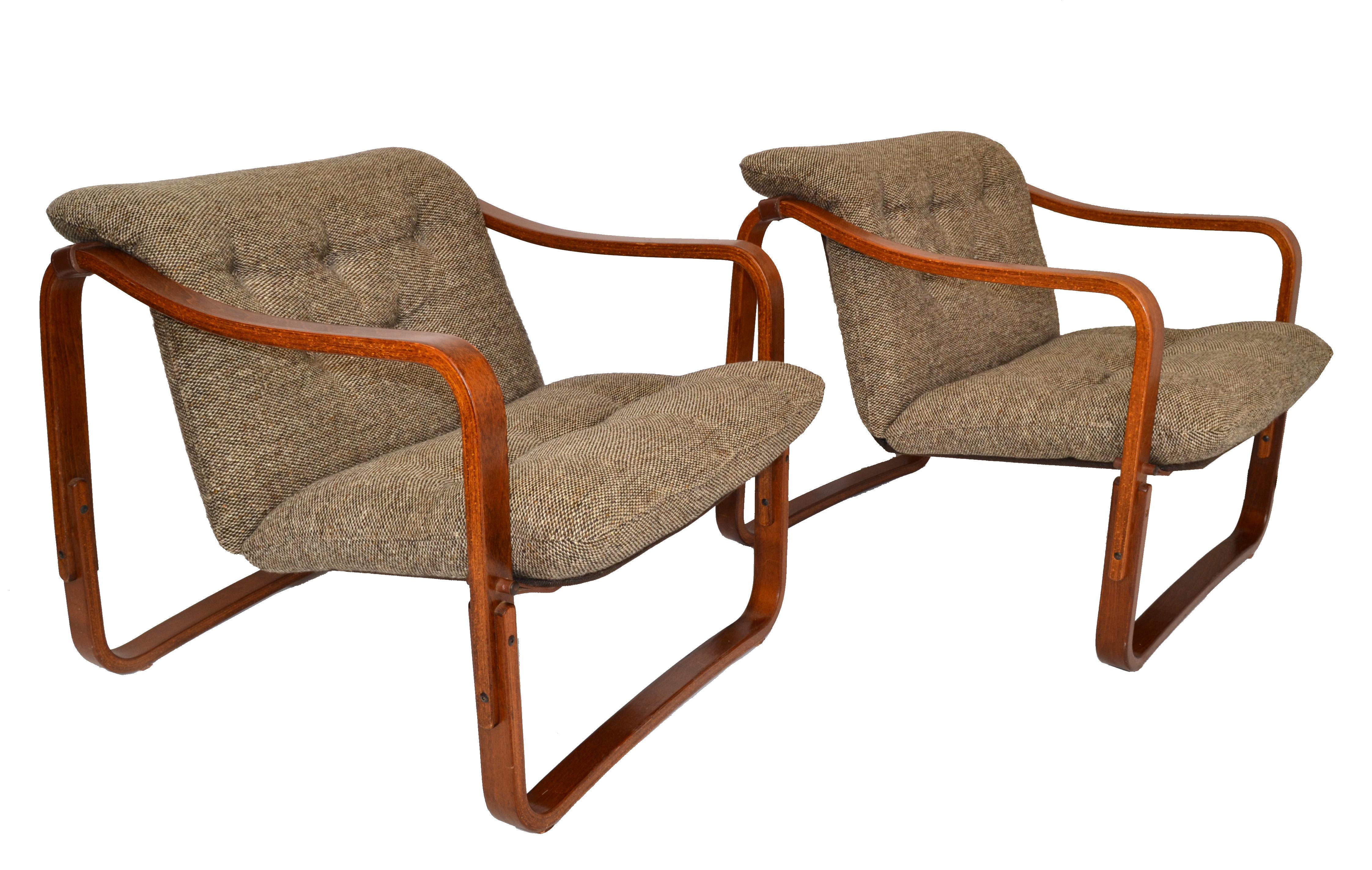 Danish Pair Ingmar Relling Cantilever Bent Teak Lounge Chairs Leather Wool Seat Cushion