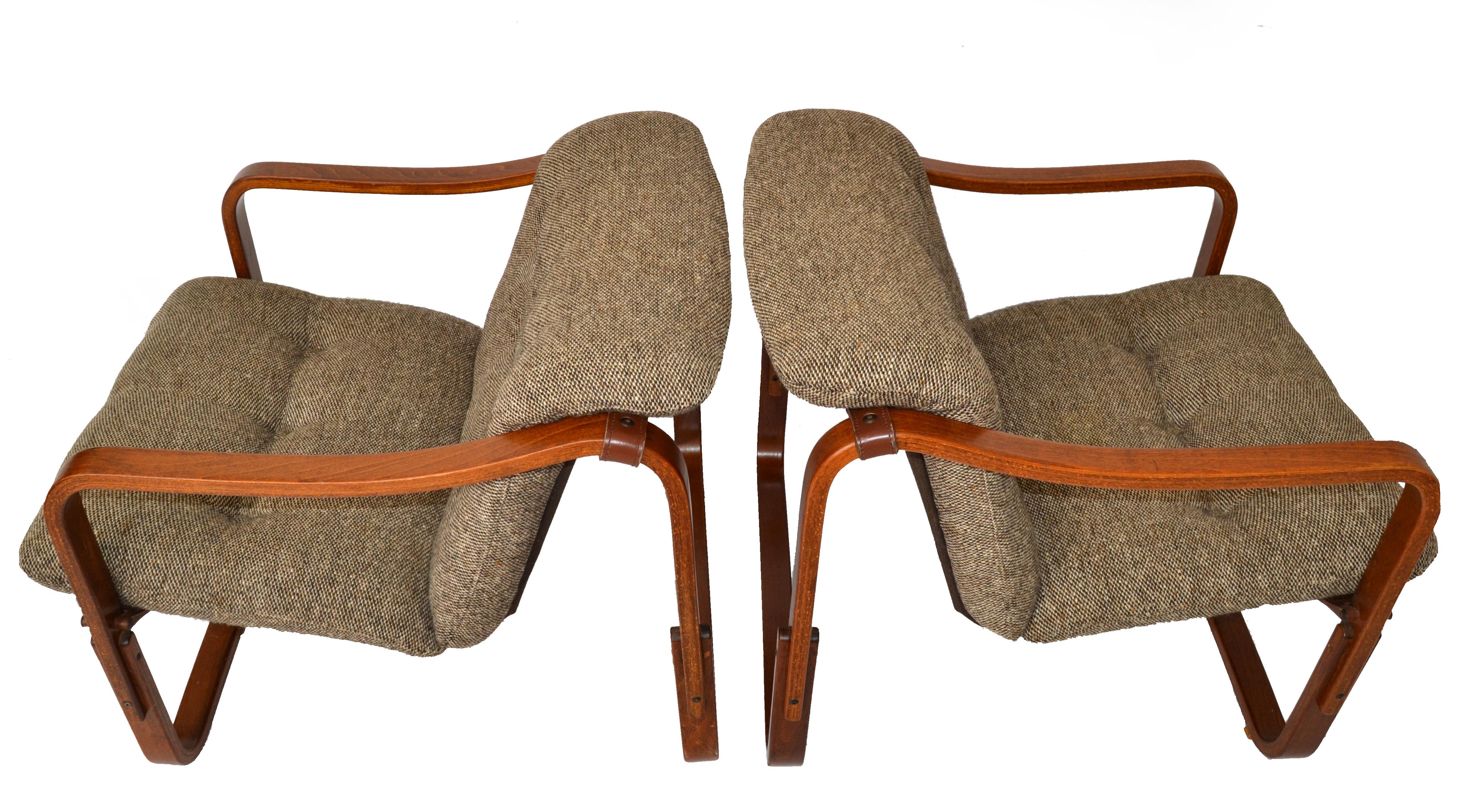 Hand-Crafted Pair Ingmar Relling Cantilever Bent Teak Lounge Chairs Leather Wool Seat Cushion