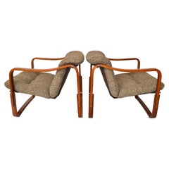 Pair Scandanavian Cantilever Bent Teak Lounge Chairs Leather & Wool Seat Cushion