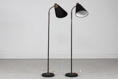 Pair Scandinavian Adjustable Floor Lamps Black Lacquer and Brass 1940s