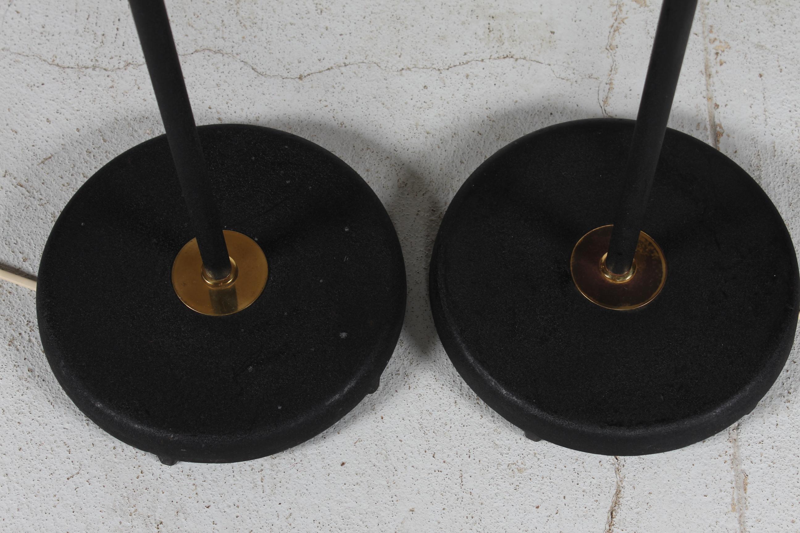 20th Century Pair Scandinavian Adjustable Floor Lamps Black Lacquer and Brass 1940s For Sale