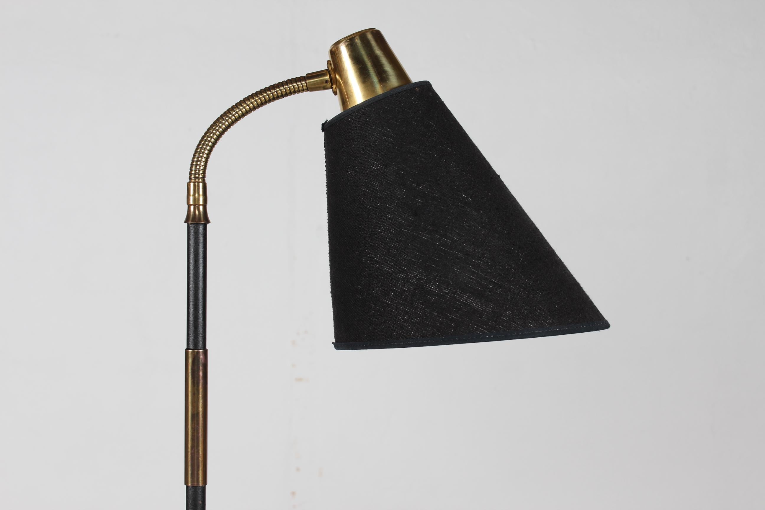 Metal Pair Scandinavian Adjustable Floor Lamps Black Lacquer and Brass 1940s For Sale