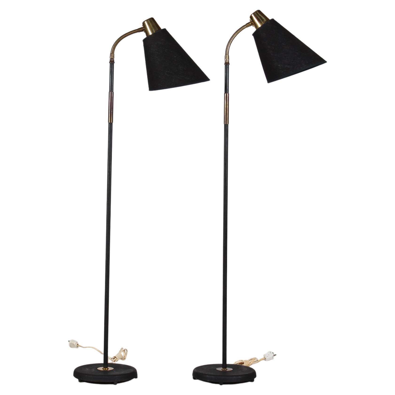 Pair Scandinavian Adjustable Floor Lamps Black Lacquer and Brass 1940s For Sale