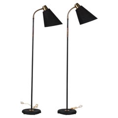 Vintage Pair Scandinavian Adjustable Floor Lamps Black Lacquer and Brass 1940s