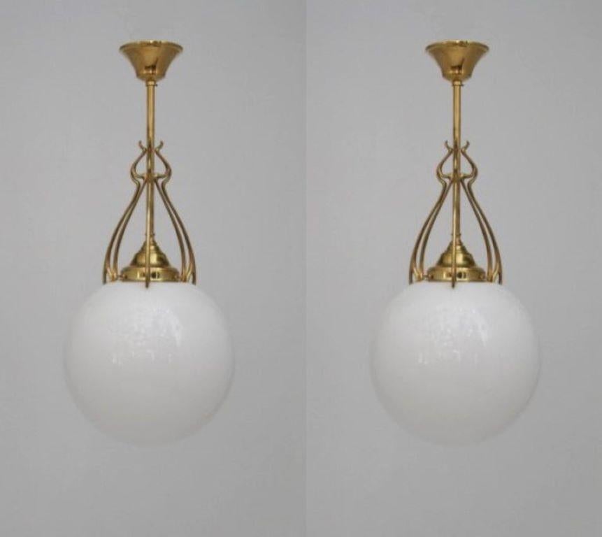 Pair Scandinavian Art Deco Theater Pendants Brass Hand-blown Opaline, 1920-1930 7