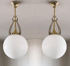 Pair Scandinavian Art Deco Theater Pendants Brass Hand-blown Opaline, 1920-1930