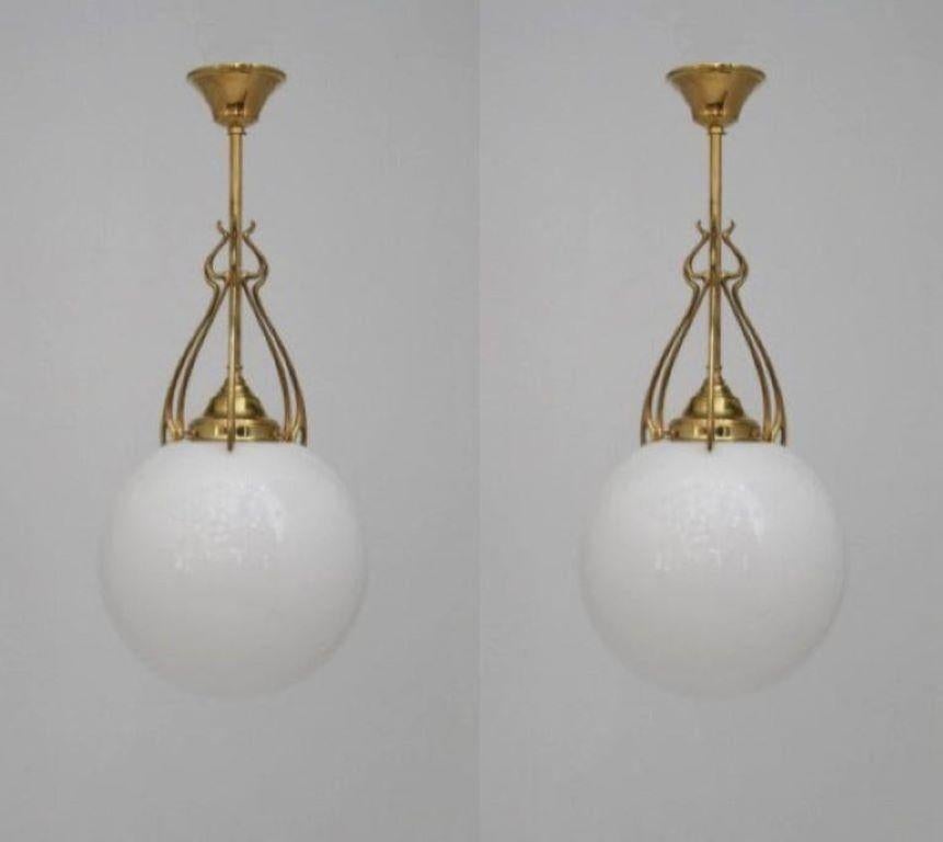 20th Century Pair Scandinavian Art Deco Theater Pendants Brass Hand-blown Opaline, 1920-1930 For Sale