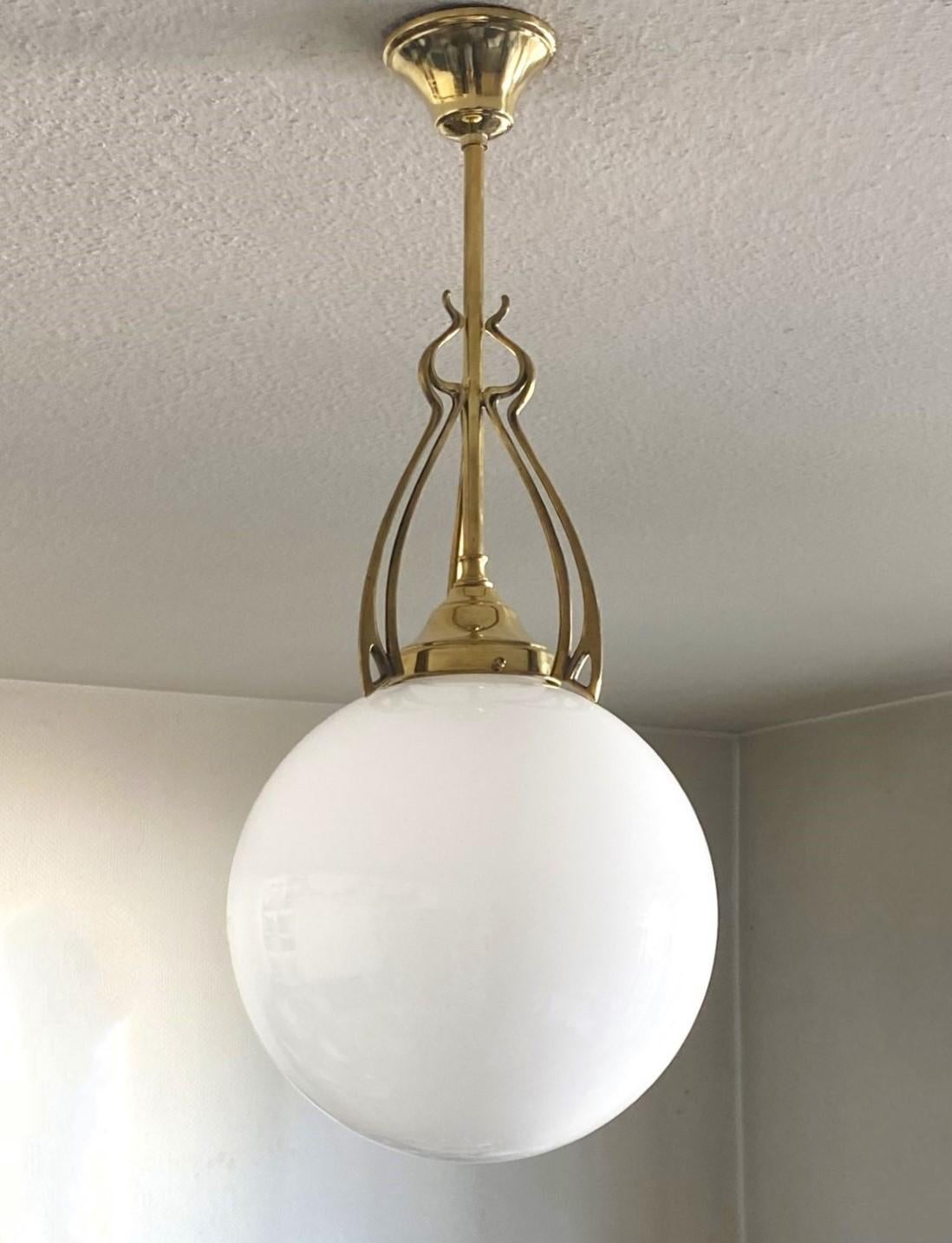 Pair Scandinavian Art Deco Theater Pendants Brass Hand-blown Opaline, 1920-1930 For Sale 1