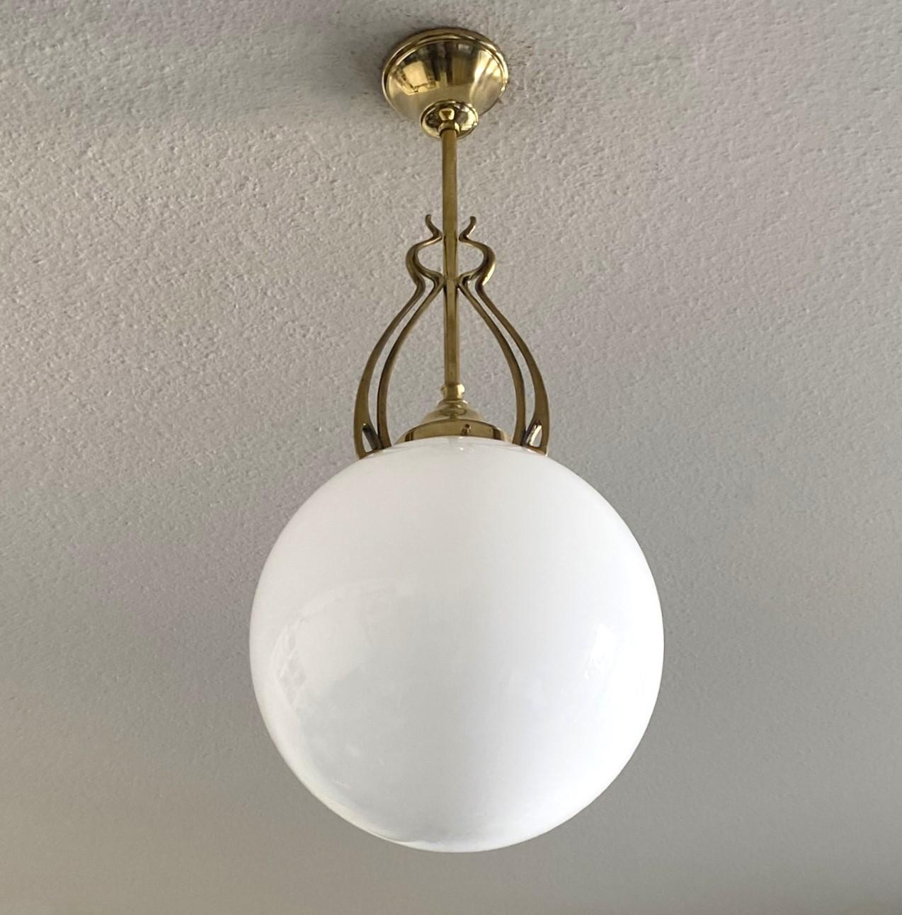 Pair Scandinavian Art Deco Theater Pendants Brass Hand-blown Opaline, 1920-1930 For Sale 2