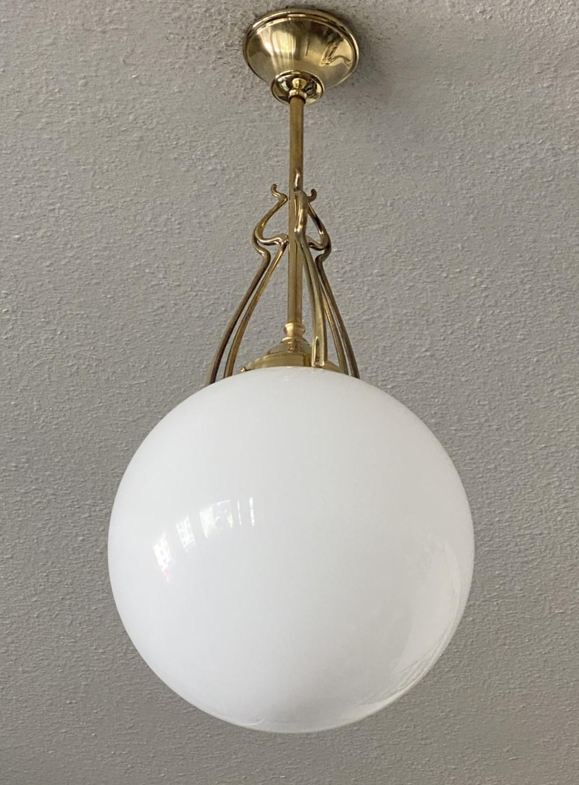 Pair Scandinavian Art Deco Theater Pendants Brass Hand-blown Opaline, 1920-1930 For Sale 3