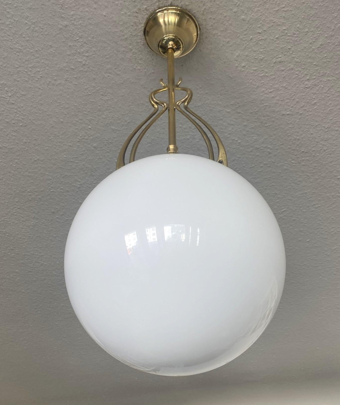 Pair Scandinavian Art Deco Theater Pendants Brass Hand-blown Opaline, 1920-1930 For Sale 4