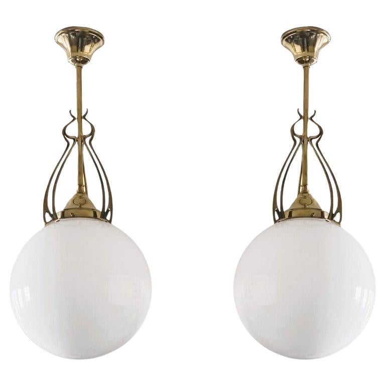 Pair Scandinavian Art Deco Theater Pendants Brass Hand-blown Opaline, 1920-1930