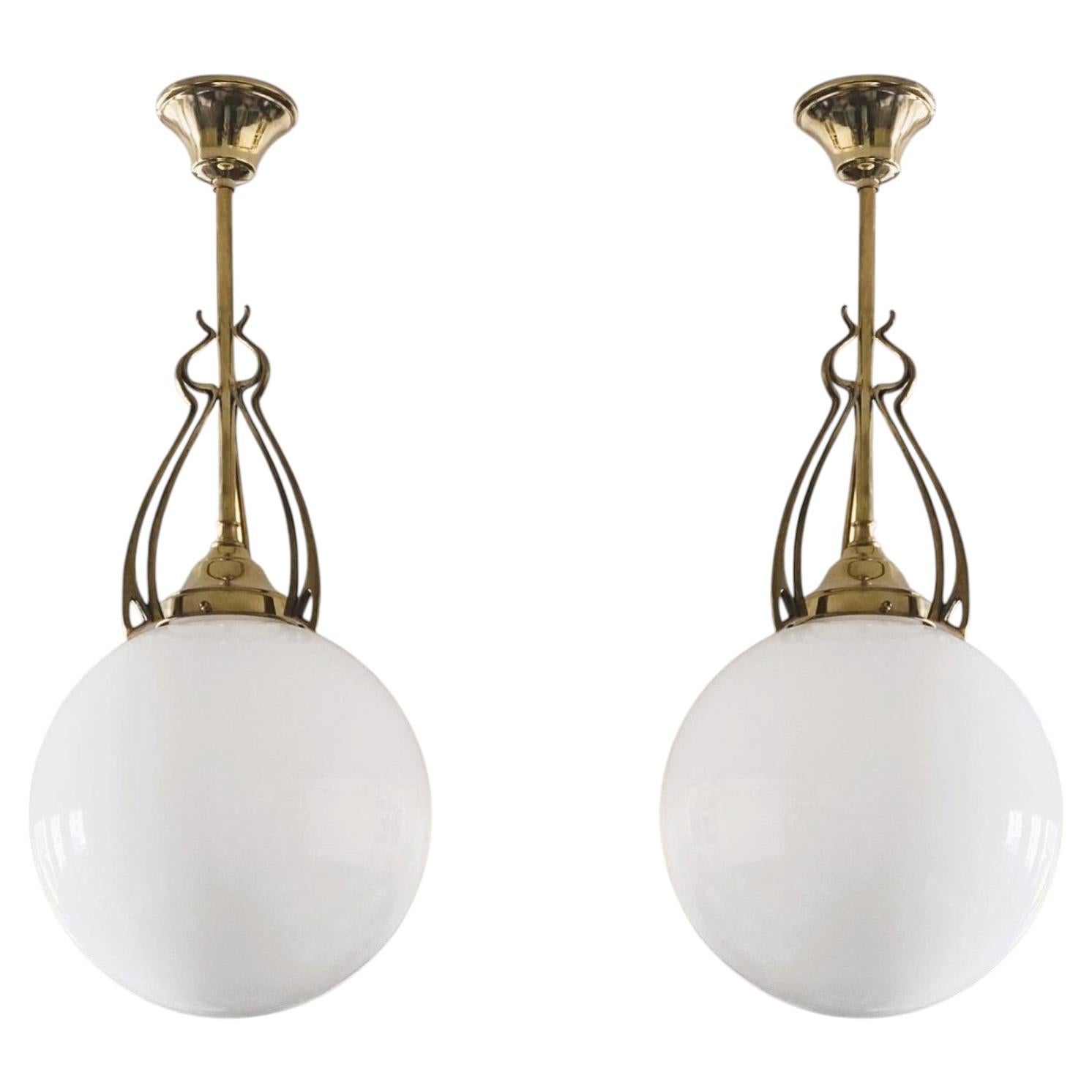Pair Scandinavian Art Deco Theater Pendants Brass Hand-blown Opaline, 1920-1930