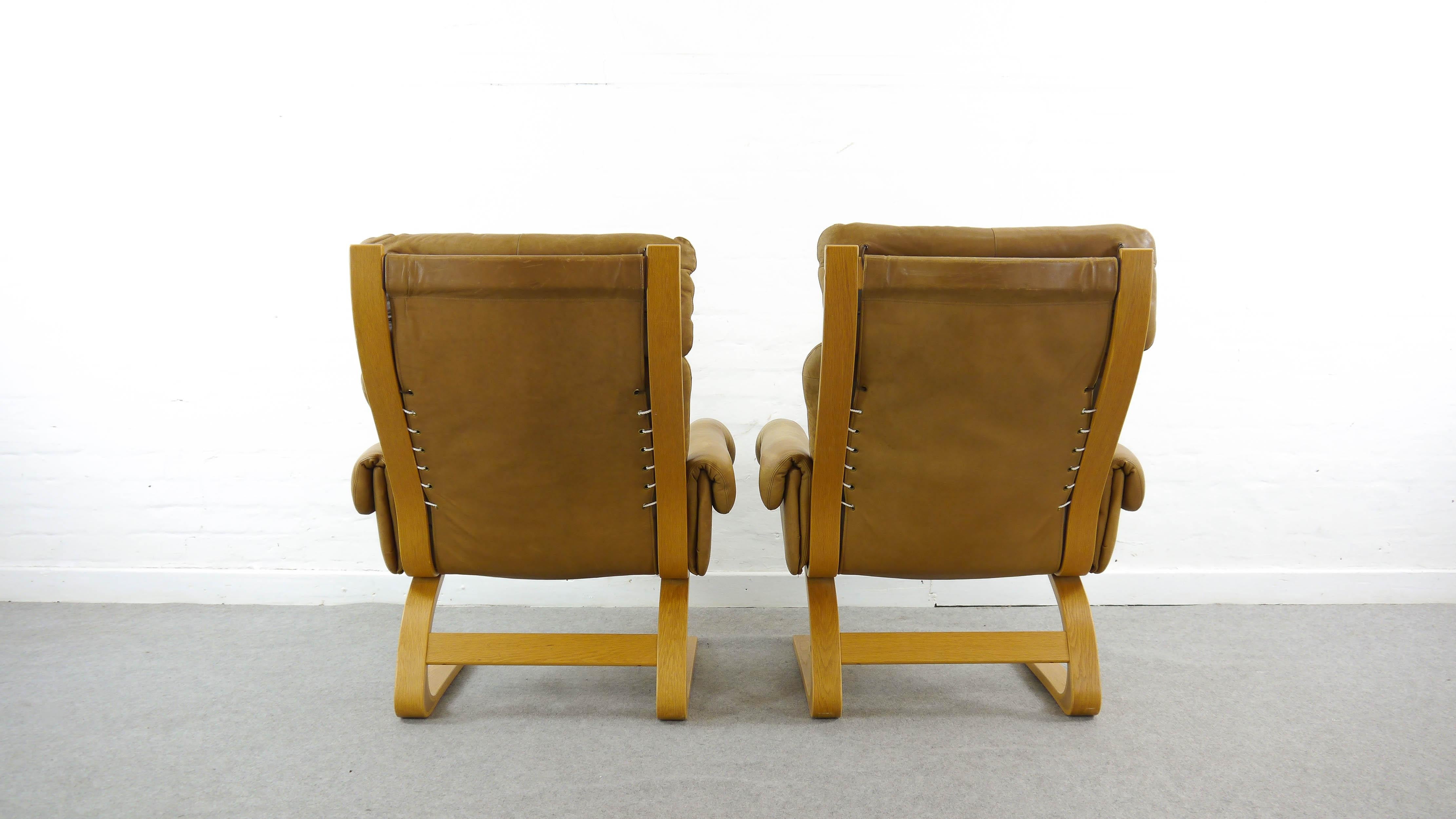 Scandinavian Modern Pair Scandinavian Kengu Easy Chairs in Brown Leather by Solheim for Rykken For Sale