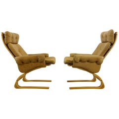 Vintage Pair Scandinavian Kengu Easy Chairs in Brown Leather by Solheim for Rykken