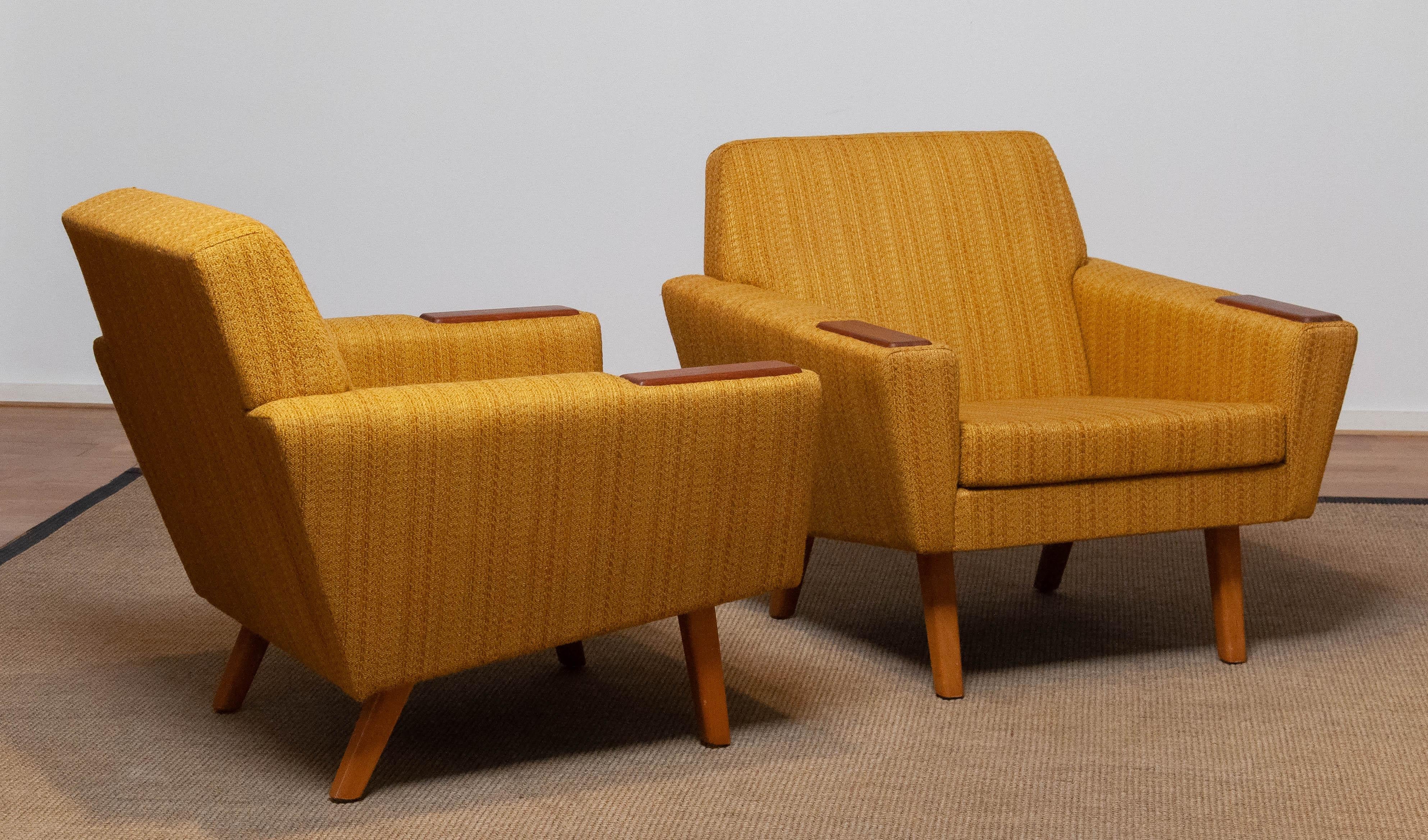 Pair Scandinavian Lounge / Club Chairs with Teak Paws and Ocher Fabric, Denmark For Sale 3