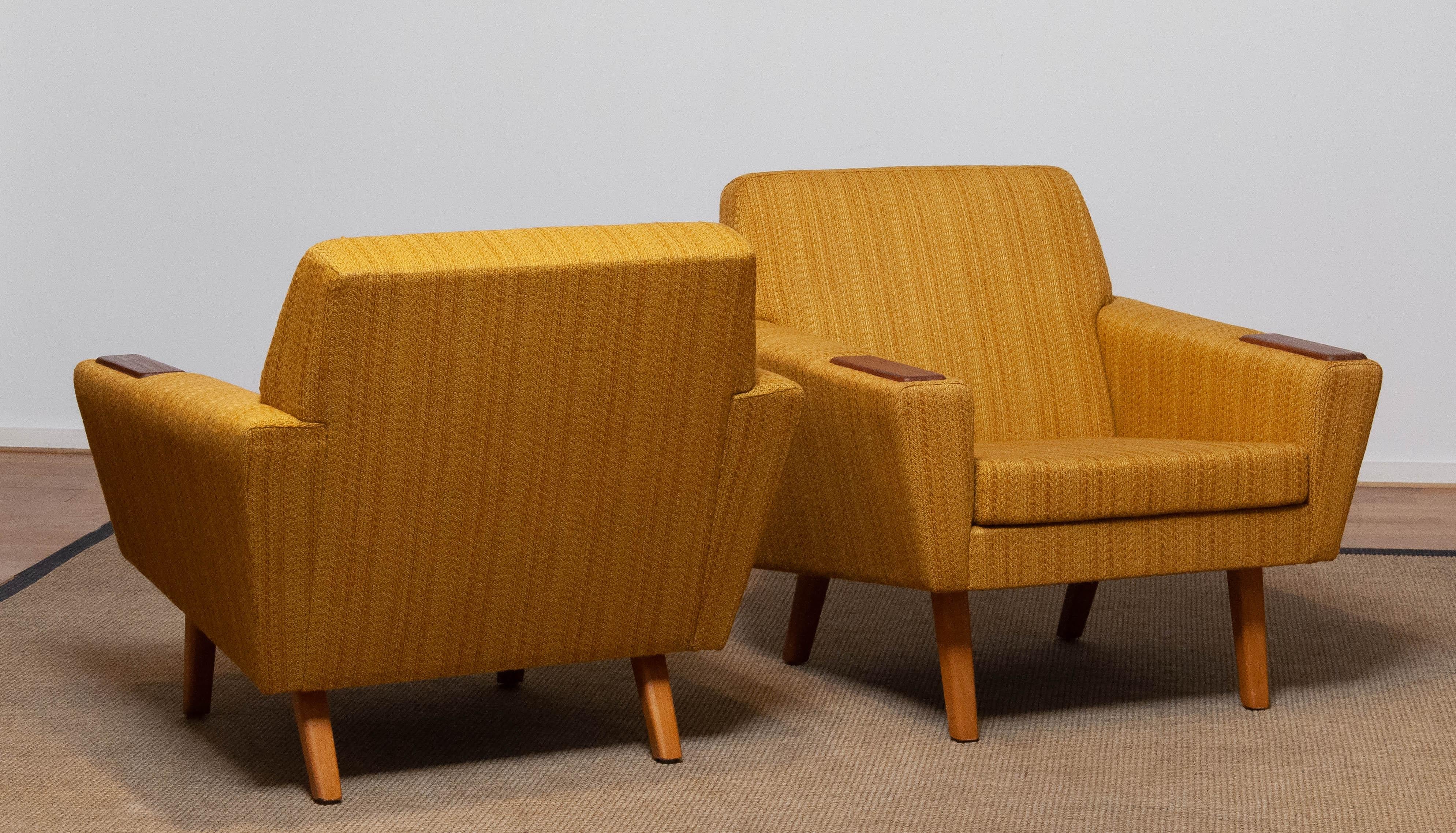 Pair Scandinavian Lounge / Club Chairs with Teak Paws and Ocher Fabric, Denmark For Sale 4