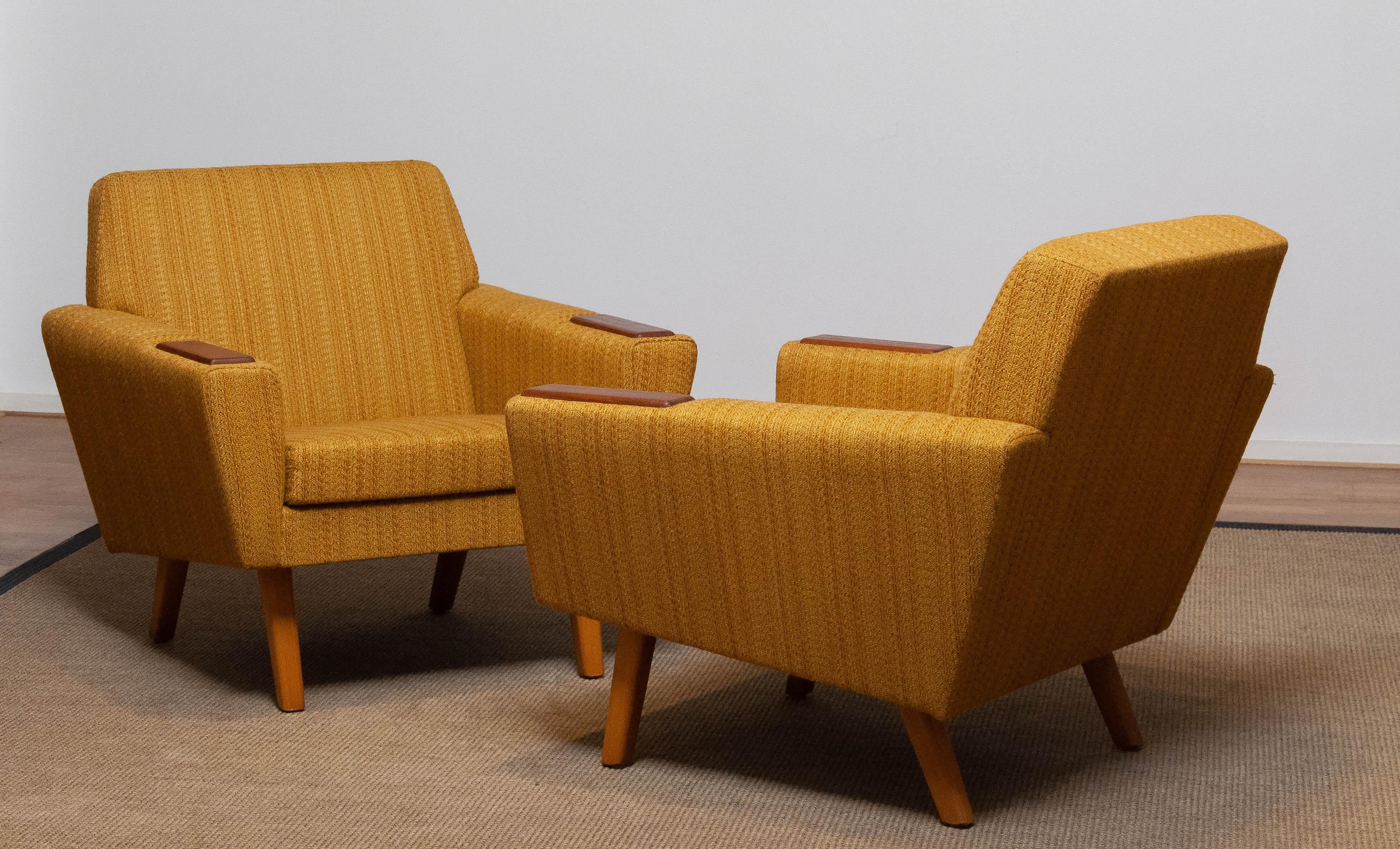 Pair Scandinavian Lounge / Club Chairs with Teak Paws and Ocher Fabric, Denmark For Sale 8