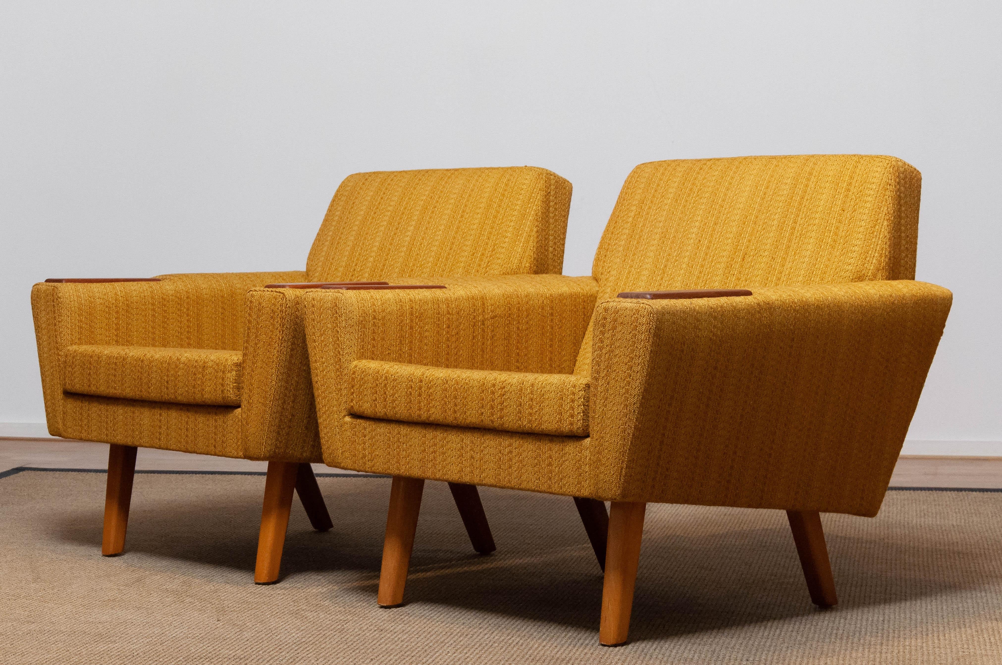 Pair Scandinavian Lounge / Club Chairs with Teak Paws and Ocher Fabric, Denmark For Sale 10